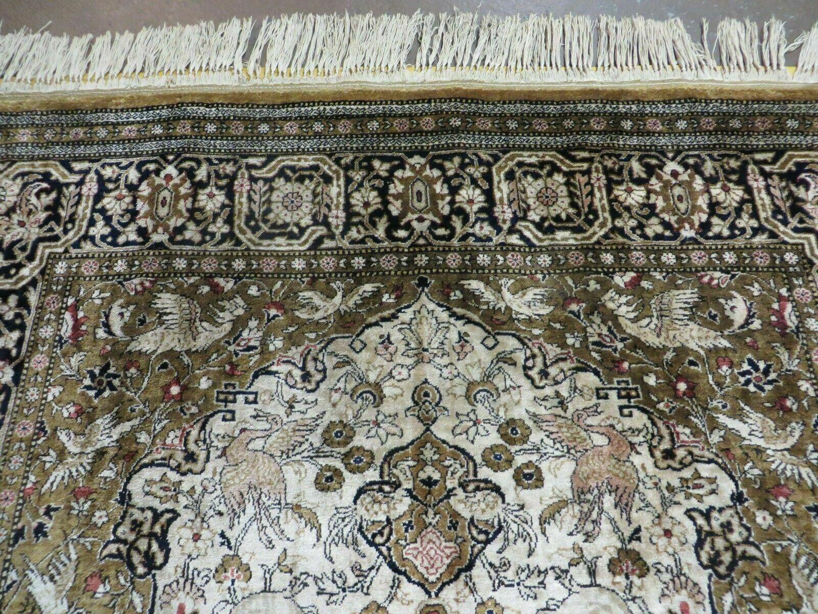 Handmade Silk Rug 3x5, Vintage Antique Silk Carpet, Hand-Knotted Oriental Rug 3 x 5, Animal Motifs, Deer Birds, One-Of-A-Kind
