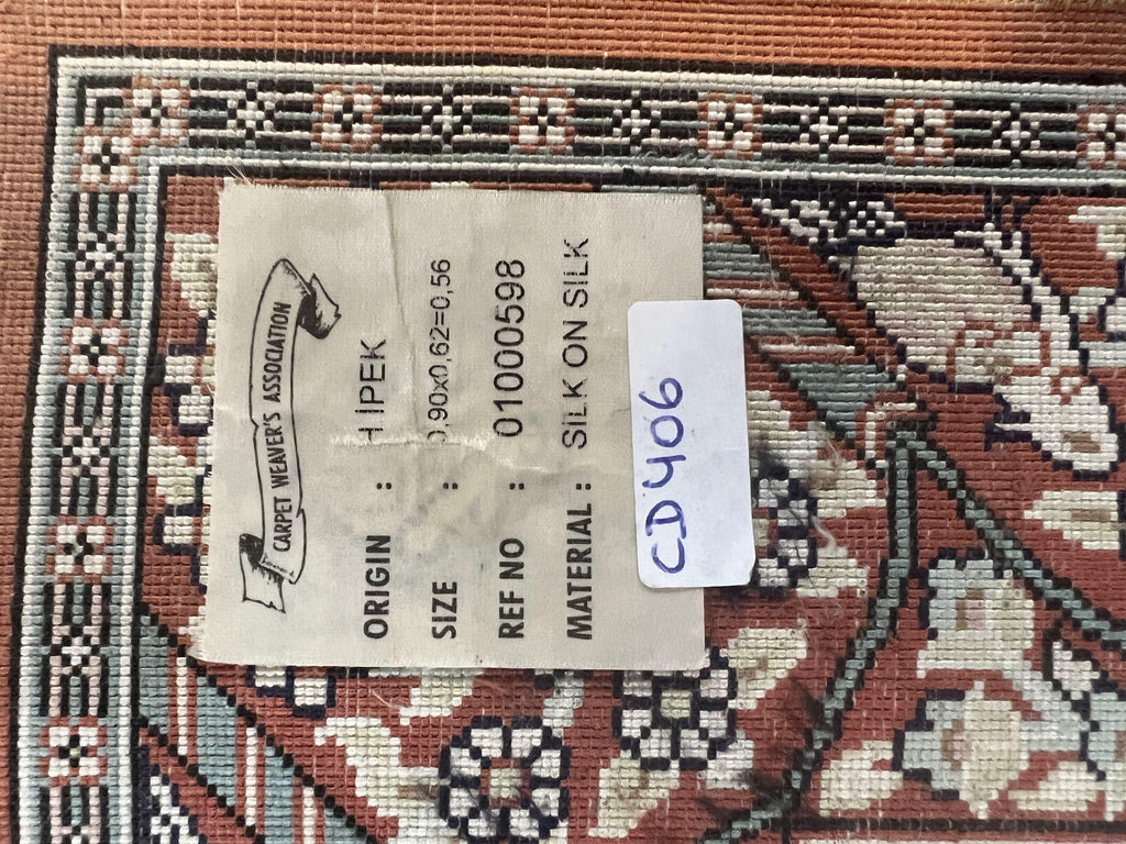 Turkish Silk Hereke Rug 2x3, Floral Vase Tree of Life Birds, Silk Pile on Silk Foundation, Vintage Oriental Carpet, Very Fine, Signature