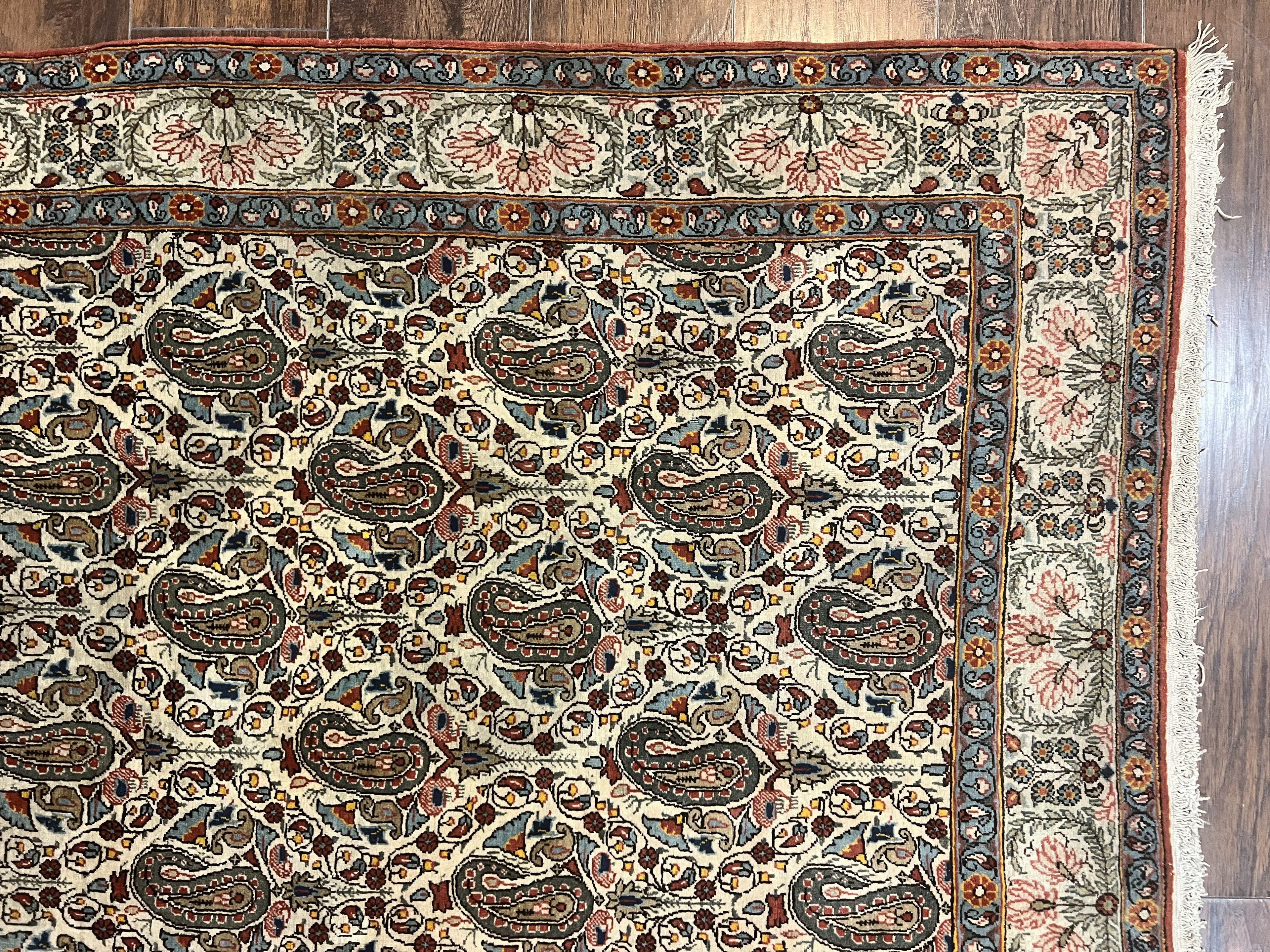 Persian Qum Rug 5x6, Cream Wool Hand Knotted Carpet, Repeated Boteh Paisely Design, Semi Antique Vintage Rug, Very Fine Weave 5 x 6 Rug
