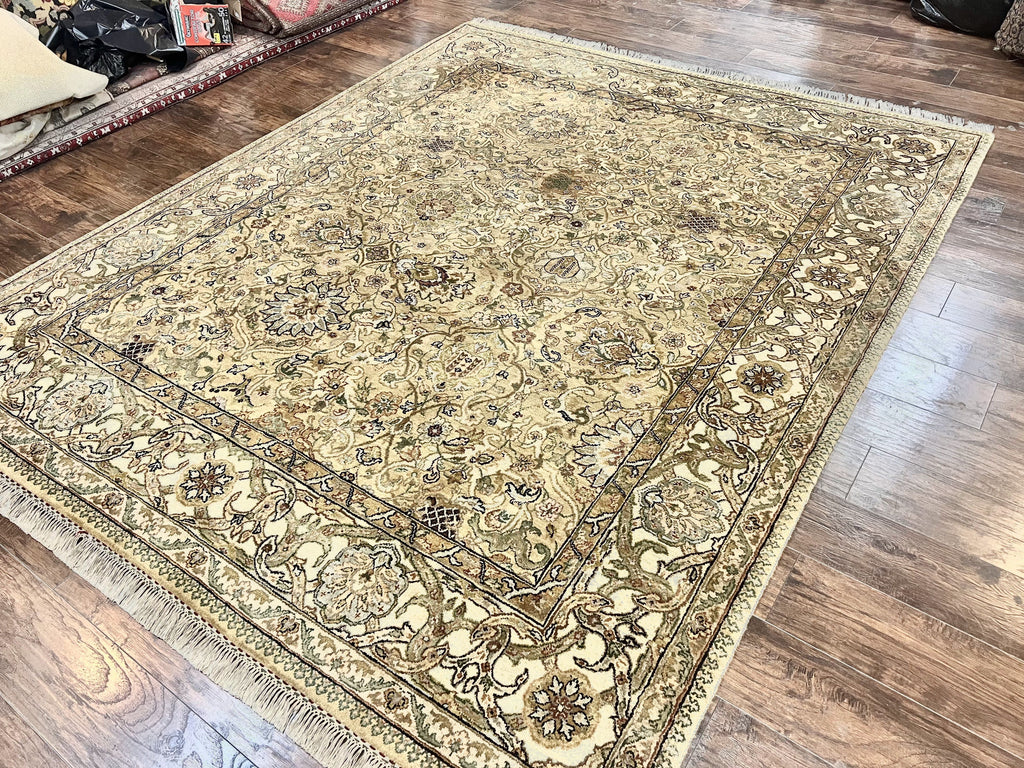 Indo Mahal Rug 8x10, Indian Jaipur Rug 8 x 10 ft, Wool Indo Persian Carpet, Handmade Traditional Floral Area Rug, Olive Green, Vintage Rug