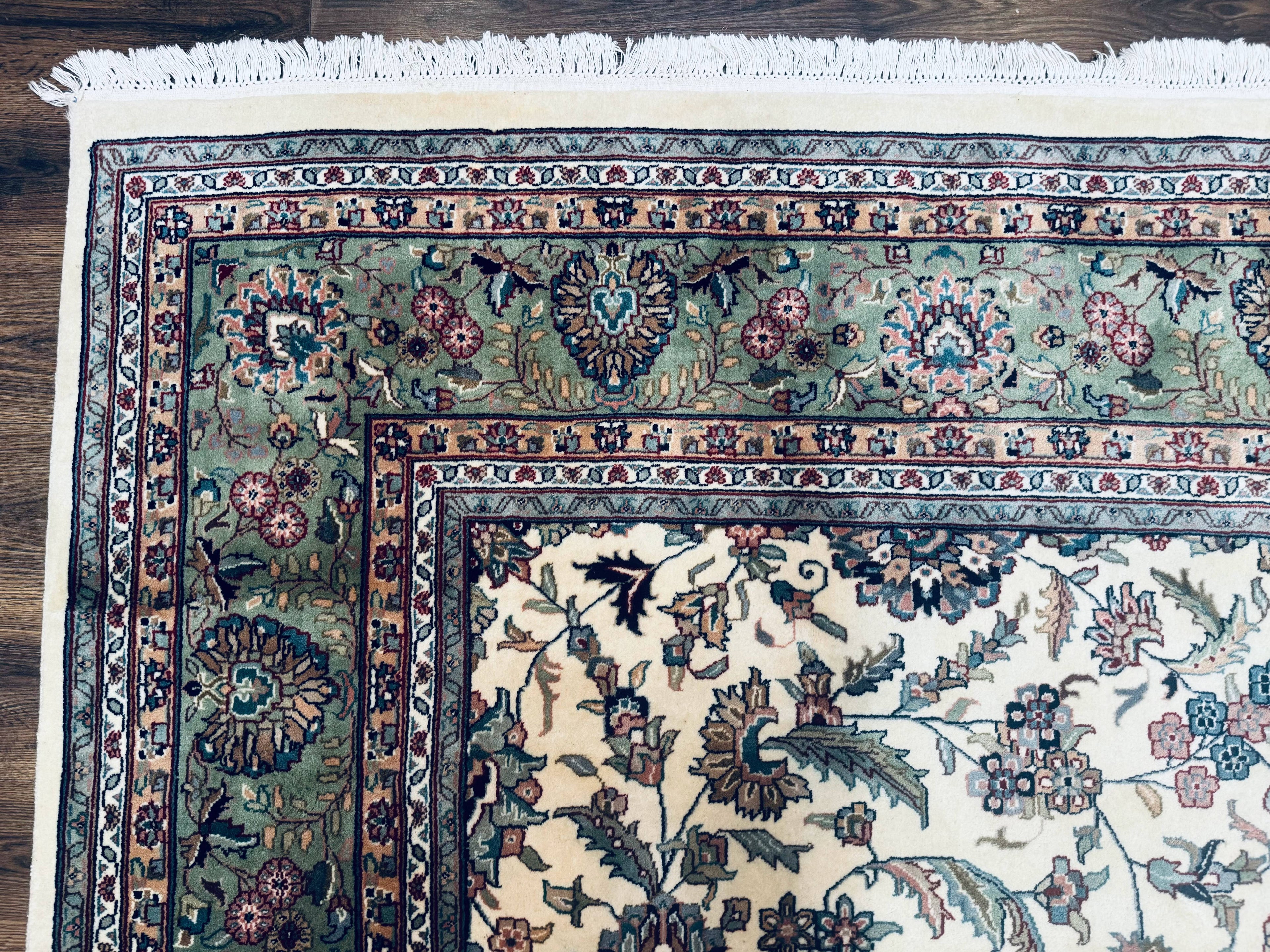 Indo Persian Rug 9x12, Allover Floral Pattern, Ivory & Green, Traditional Oriental Carpet