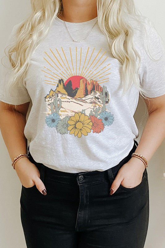 Desert Sunset Arches Floral Cacti Boho Graphic Tee T-Shirt