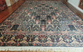 Persian Rug 10x15, Authentic Oriental Carpet 10 x 15, Wool Area Rug Panel Design Hand-Knotted Vintage Kirman Yazd Rug, Dark Blue and Beige,  Floral