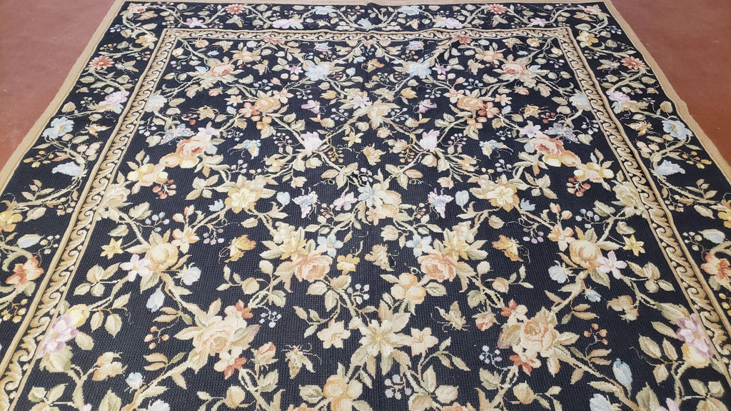 6x9 Vintage Needlepoint Rug, Petitepoint Carpet, Butterflies Floral Design