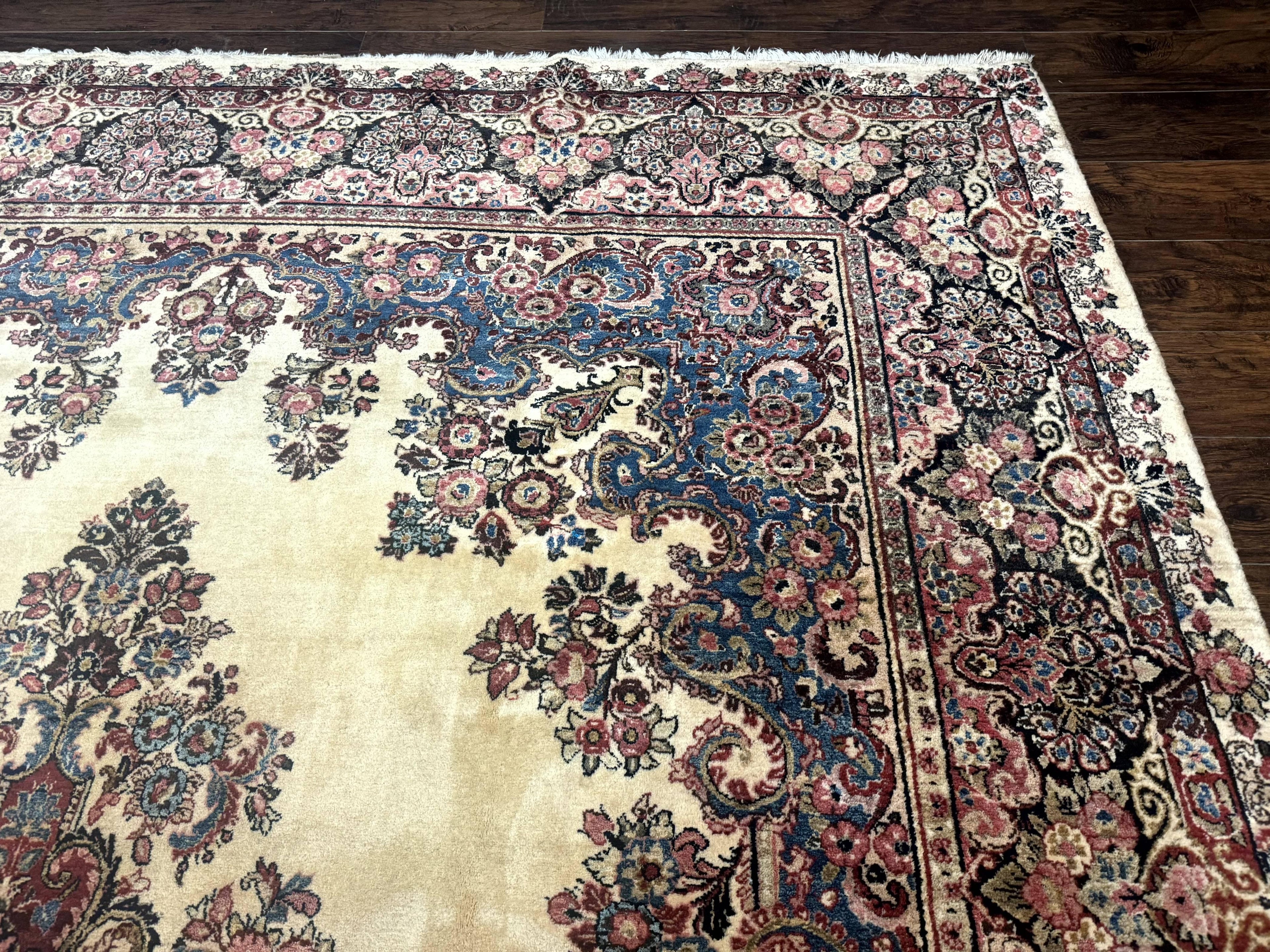 Persian Sarouk Rug 9x12, Ivory & Blue, Semi Open Field