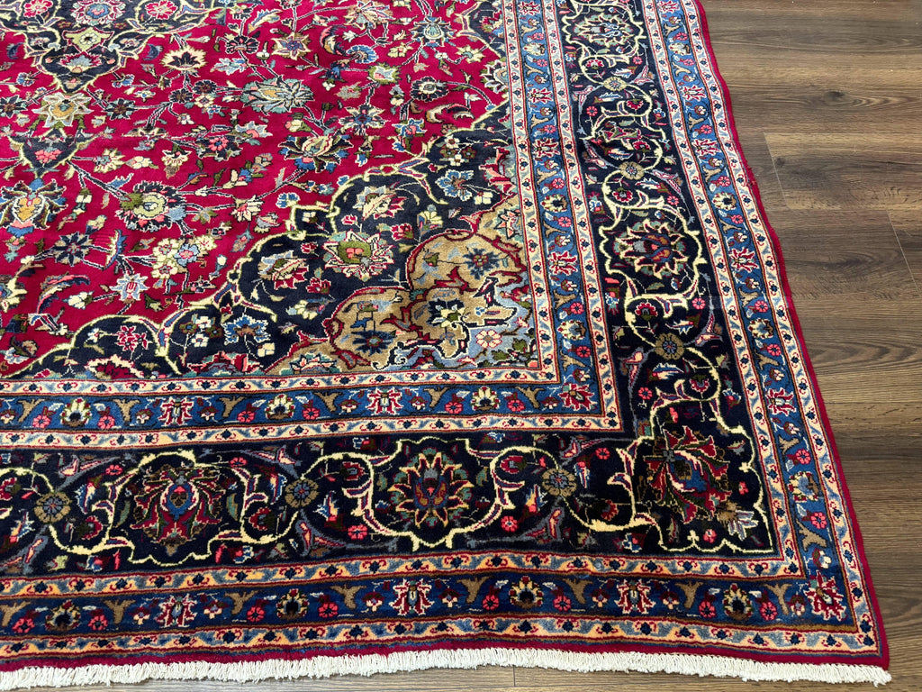 Traditional Persian Rug 8x11, Red Navy Blue, Floral Medallion, Antique Persian Mashad Carpet, Wool