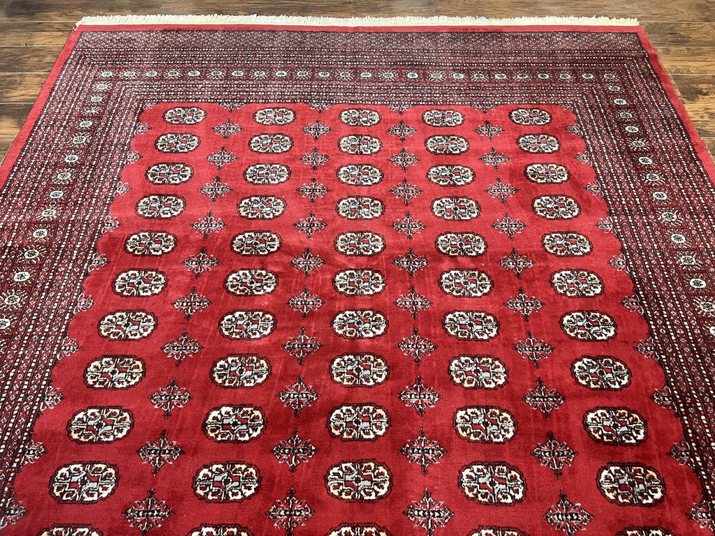 Turkoman Rug 8 x 11.6, Red Bokhara Pakistani Carpet, Wool Handmade Vintage Rug