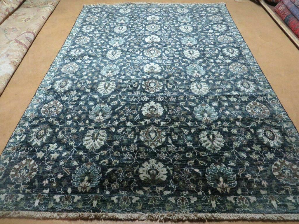 5' 6" X 8' Vintage Handmade Pakistani Floral Oriental Wool Rug Black Dark Grey