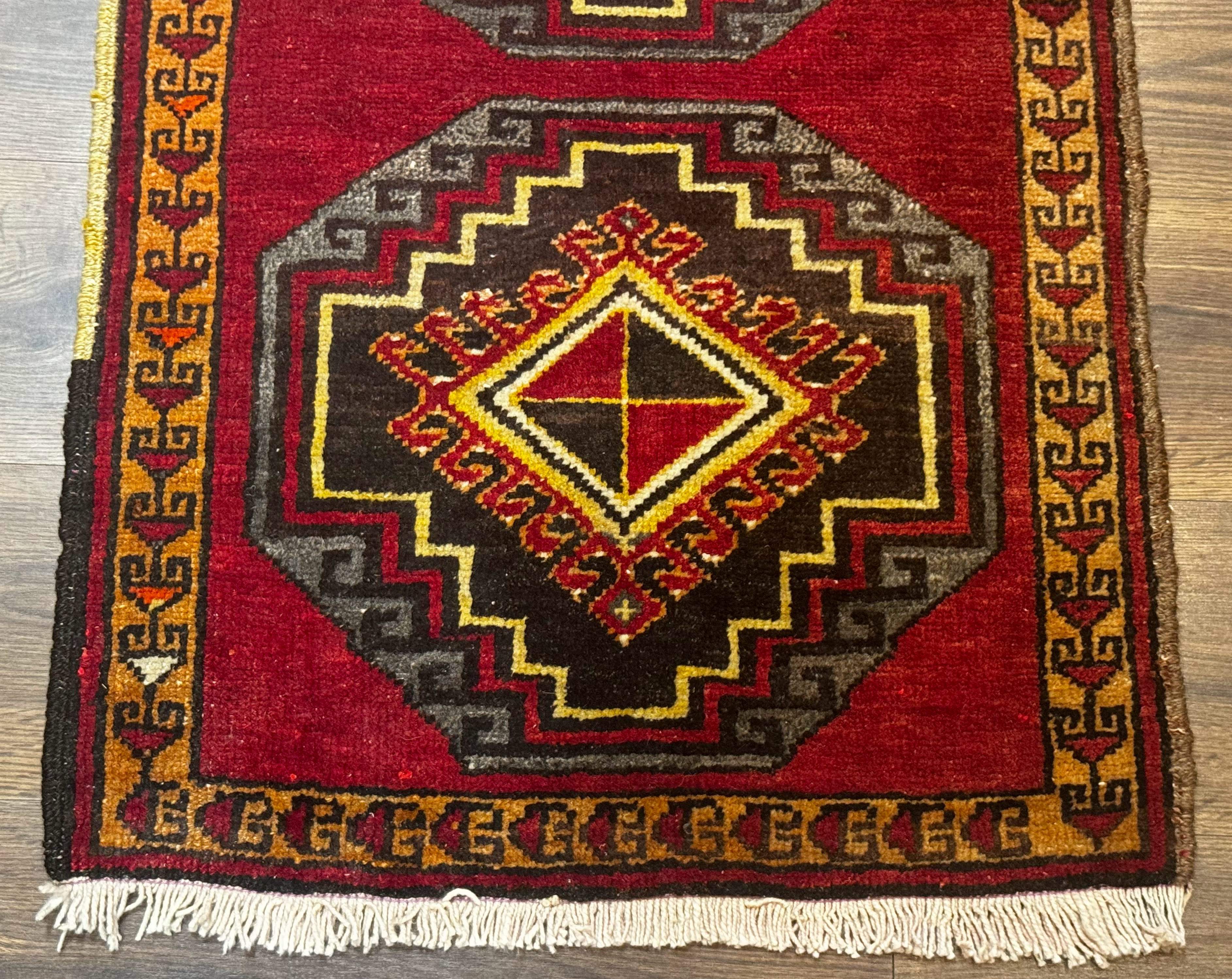 Small Antique Turkish Yastik Rug 2x3, Double Medallions, Geometric, Red, Wool