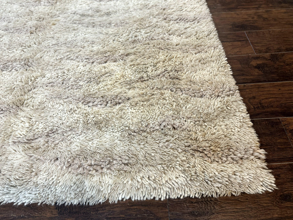 European Rya Shag Rug 6.6 x 9.7, Beige, Fluffy Vintage Area Rug