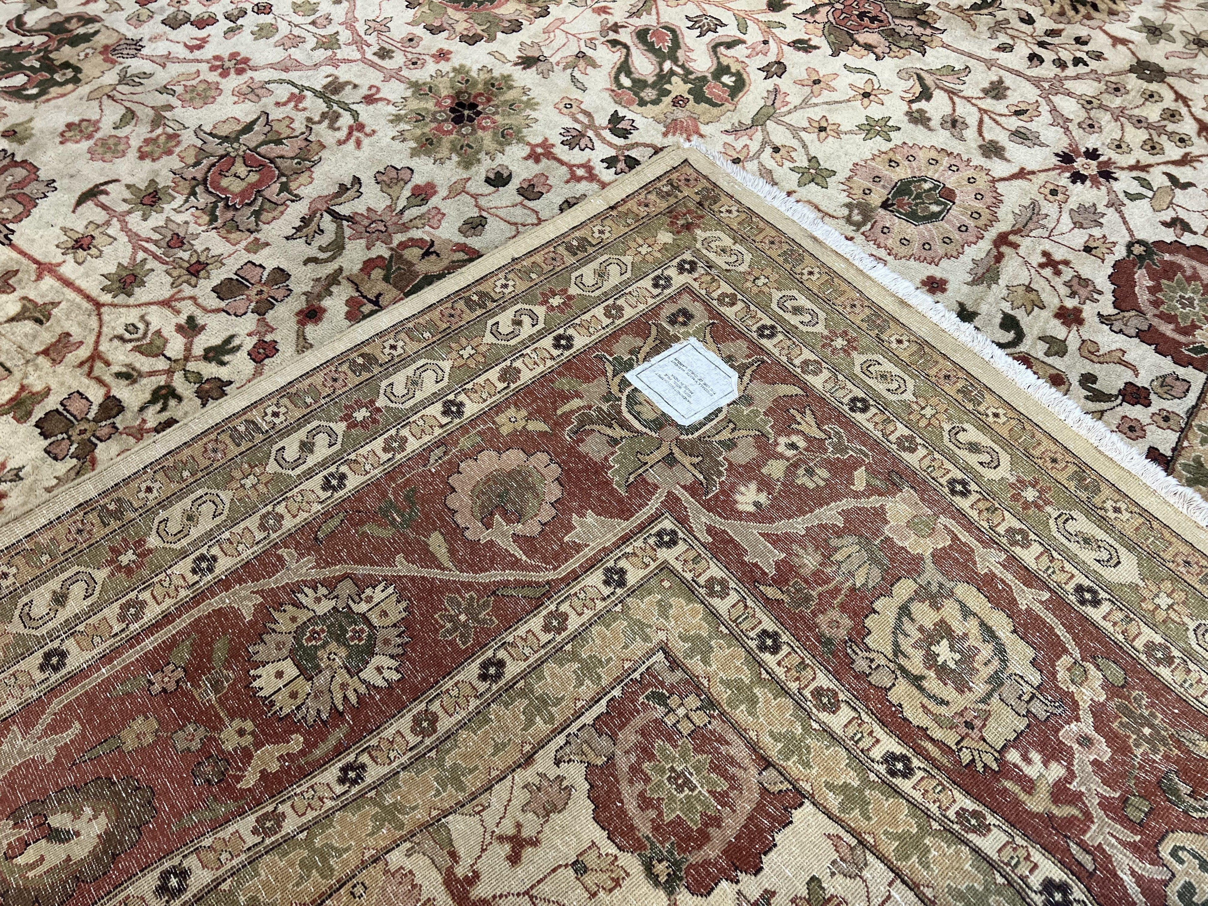 Large Indian Rug 10x14, Hand Knotted Indo Persian Gandehar Oriental Carpet, Vintage Wool Rug 10 x 14 ft Cream Red Floral Allover Traditional