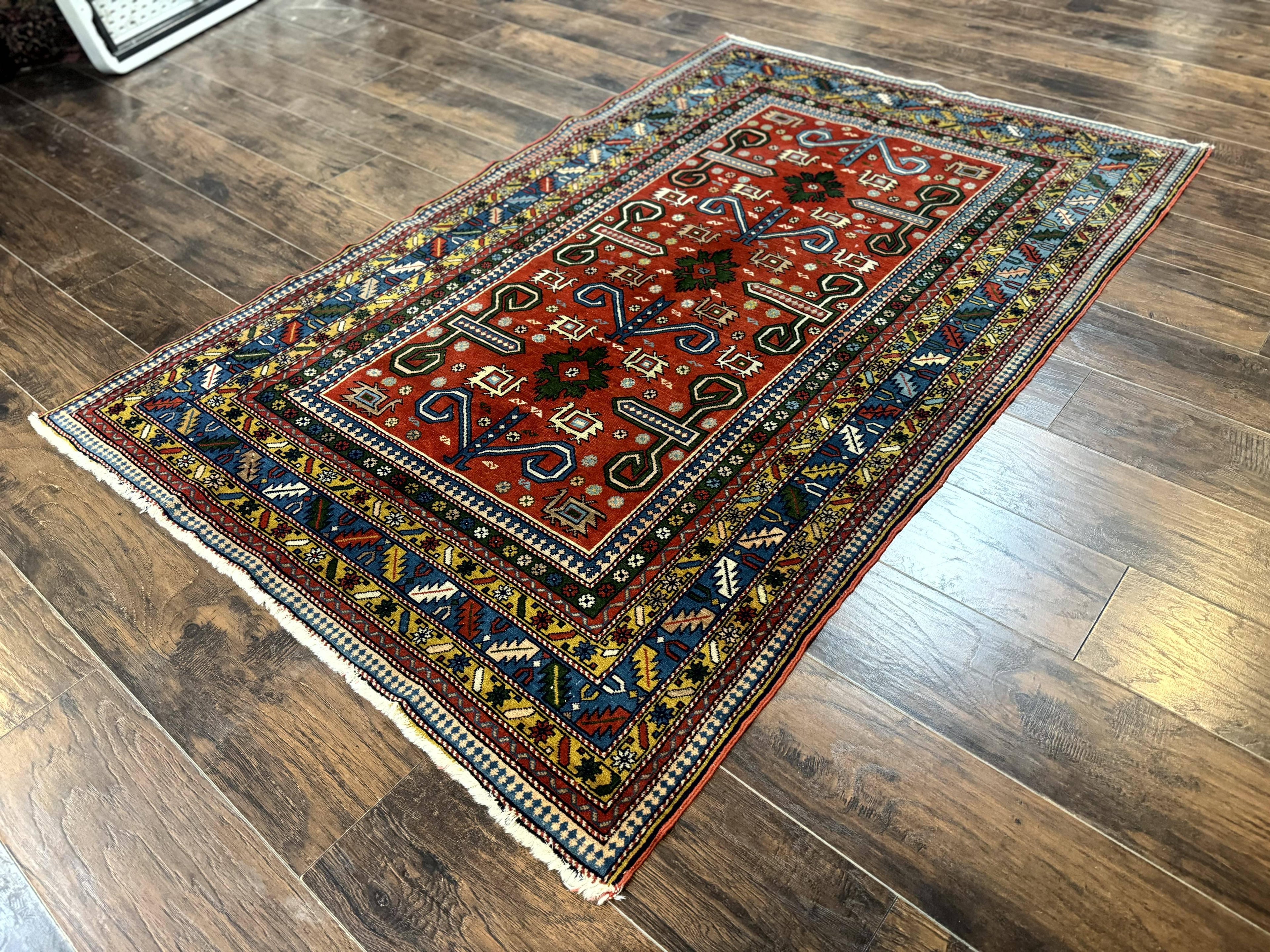 Colorful Persian Ardabil Rug 4x7, Red Blue Gold, Geometric Caucasian Design, Vintage