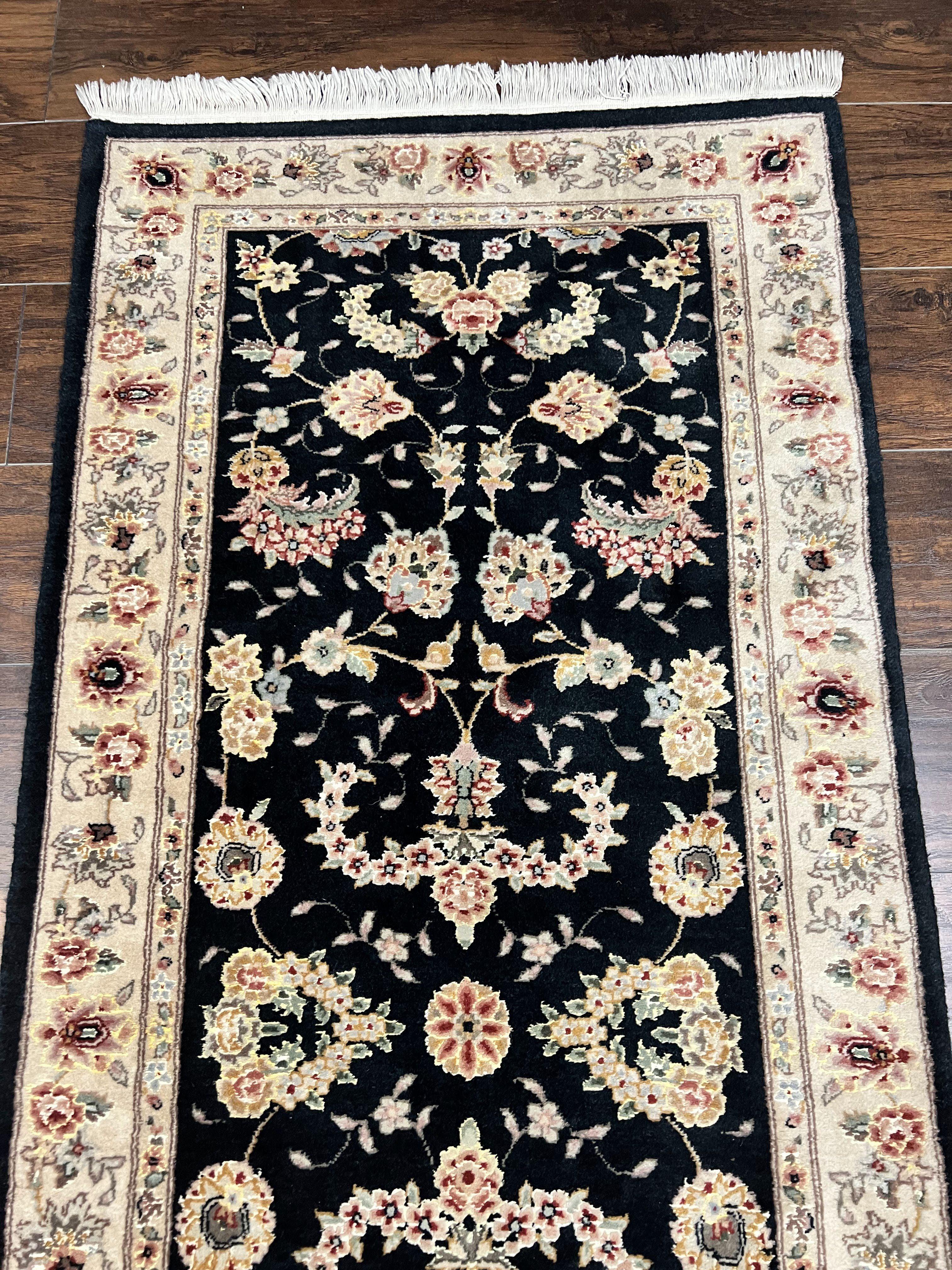 Sino Persian Short Runner Rug 2.7 x 6, Wool and Silk Highlights Black and Beige Handmade Vintage Floral Allover Oriental Carpet, Hallway Rug