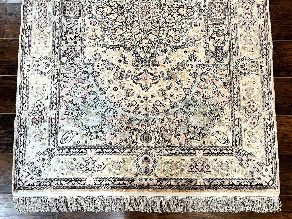 Silk Indian Kashmiri Rug 4x6, Handmade, Ivory, Fine 240 KPSI