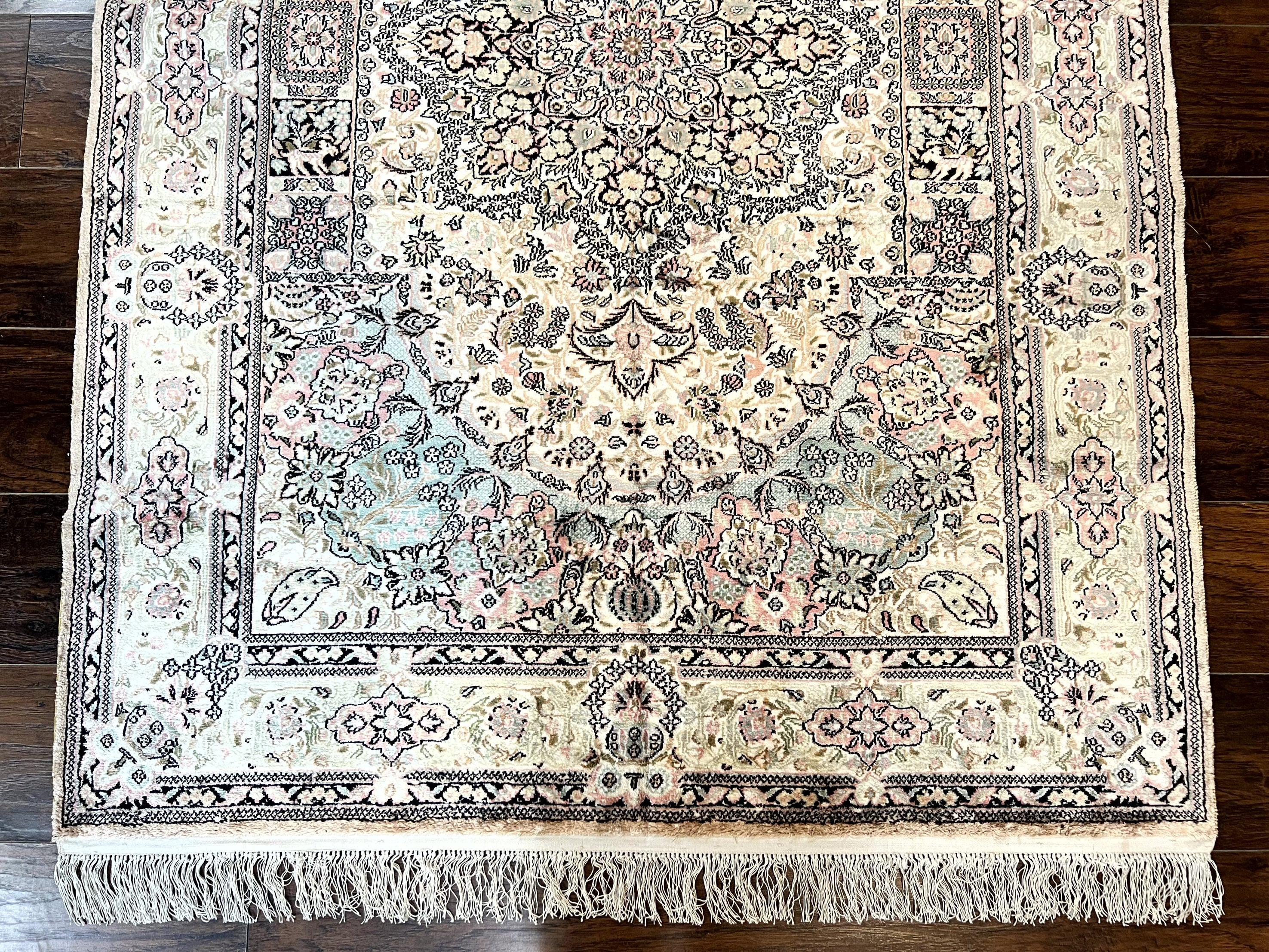 Silk Indian Kashmiri Rug 4x6, Handmade, Ivory, Fine 240 KPSI
