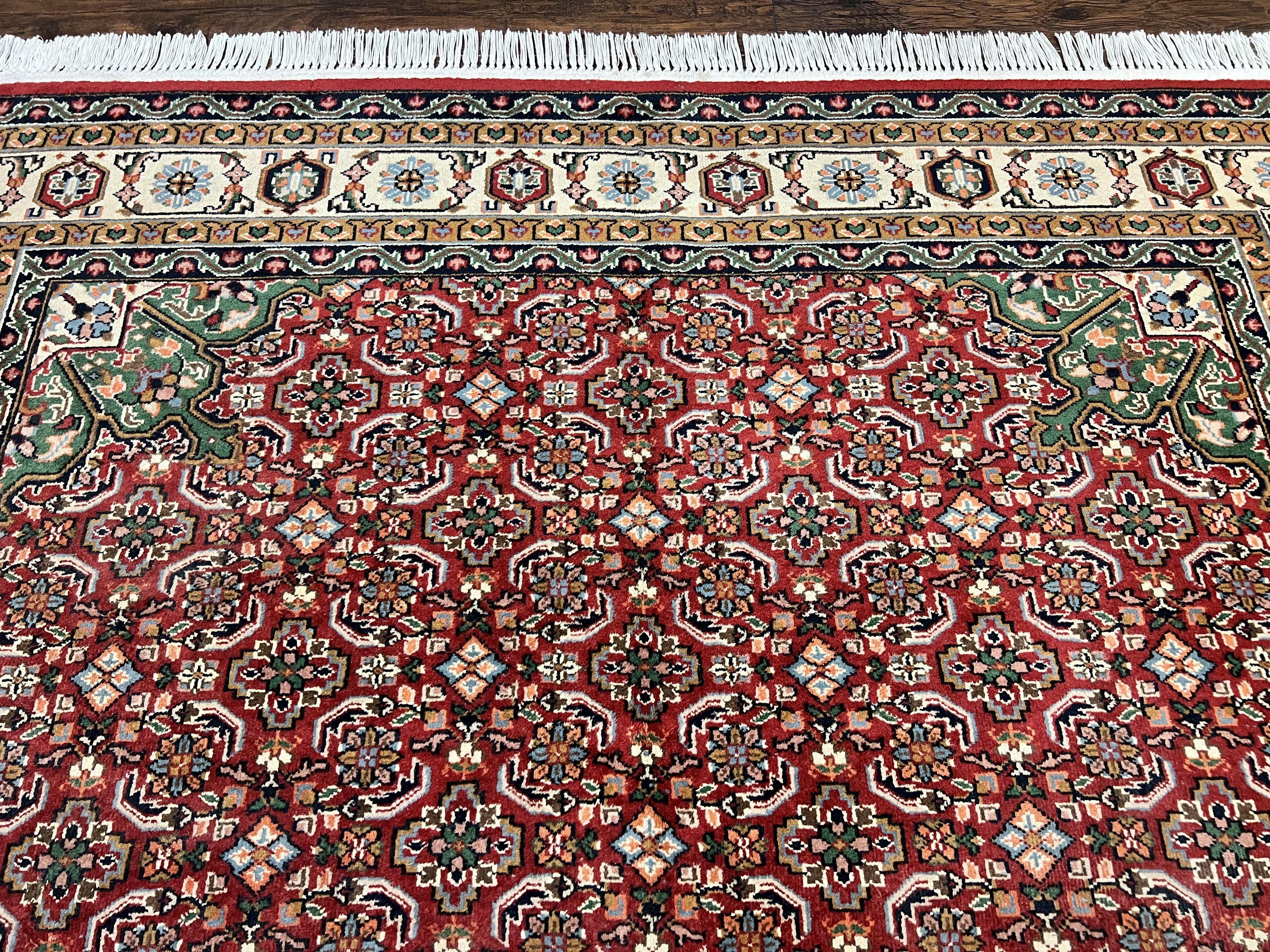 Persian Tabriz Rug 7x10, Wool Hand Knotted Vintage Carpet, Red Green & Cream, Herati Pattern, 7 x 10 Room Sized Oriental Rug