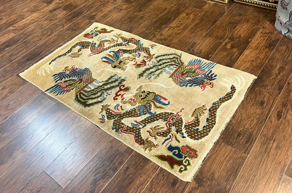 Antique Chinese Peking Rug 3 x 5.6, Dragon Motifs, Handmade Wool Asian Oriental Carpet