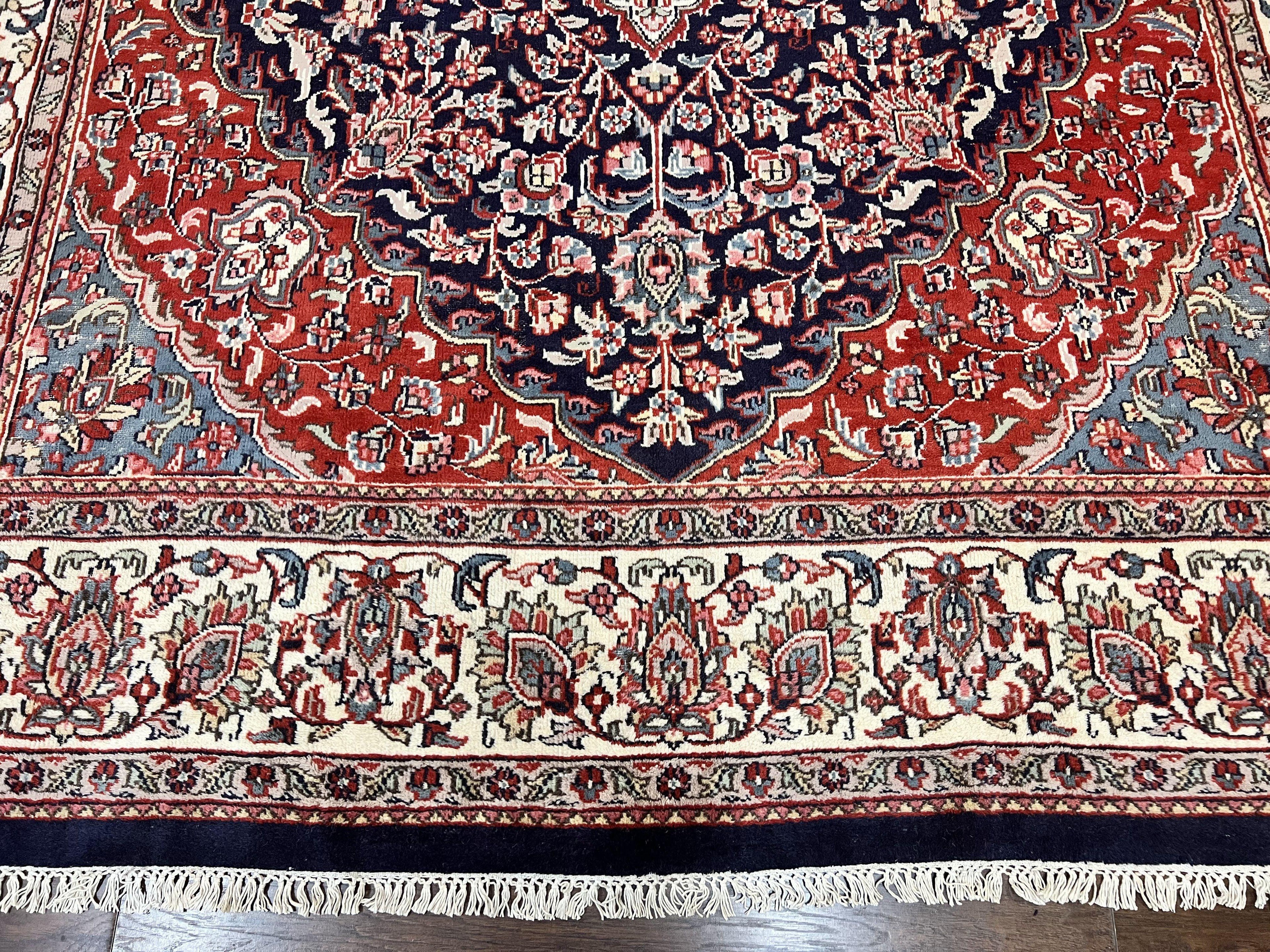 Indo Persian Rug 10x15, Floral Allover, Handmade Vintage Wool Carpet, Dark Blue Ivory Red, Palace Size Traditional Rug