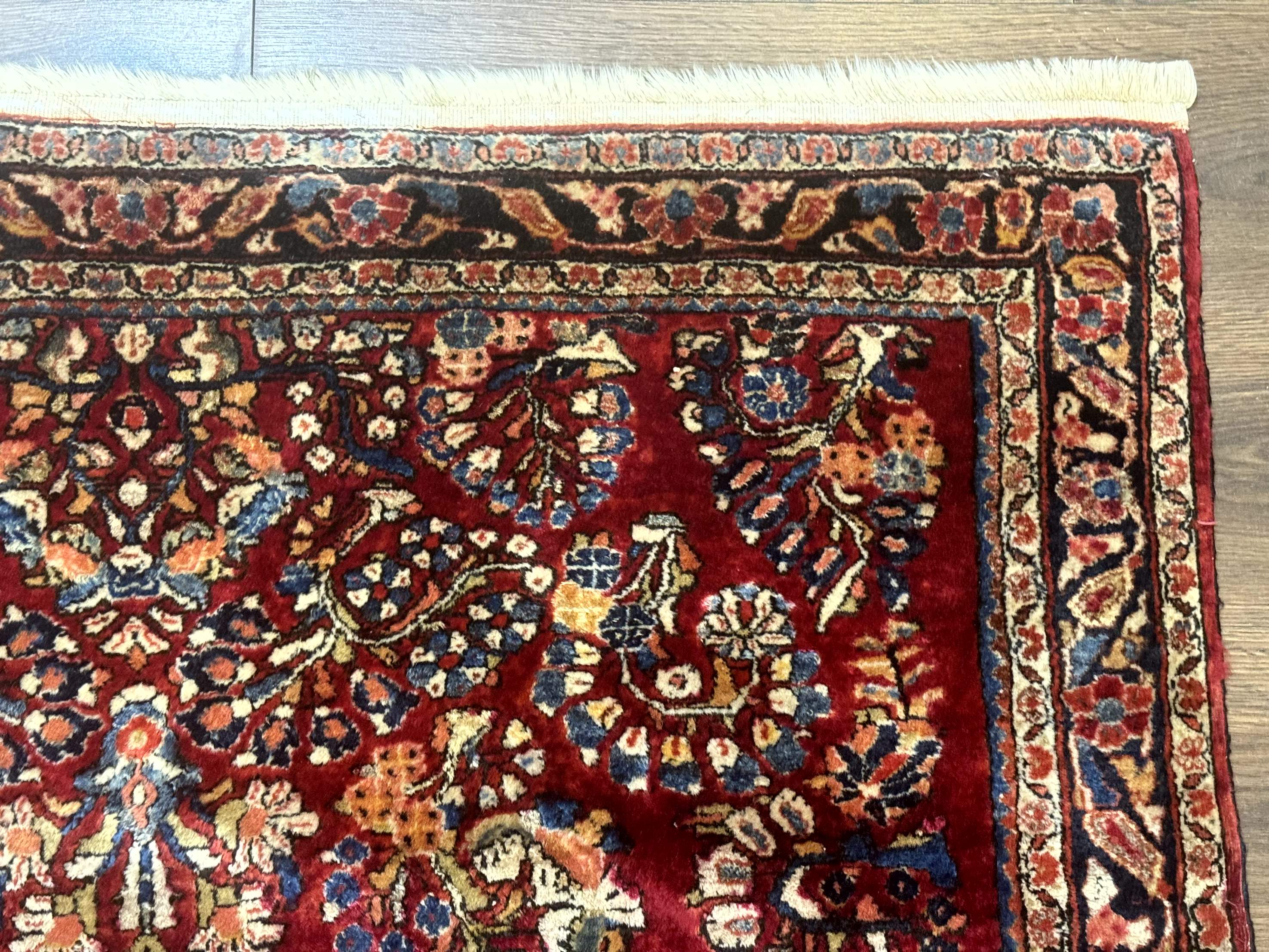 Antique Persian Sarouk Rug 4x6, Floral, Red, Wool Hand Knotted Fine 225 KPSI