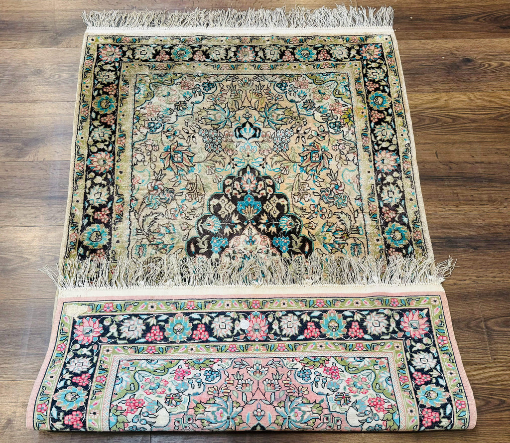 Indian Kashmiri Silk Rug 3x5, Floral Medallion, Fine 200 KPSI