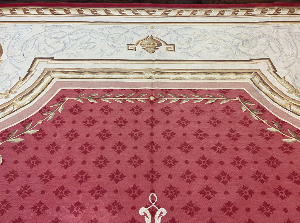 Aubusson Rug 9x12 ft, Red and Ivory Elegant Aubusson Carpet, Flatweave, Vintage Wool Handmade Area Rug 9 x 12, French European Design