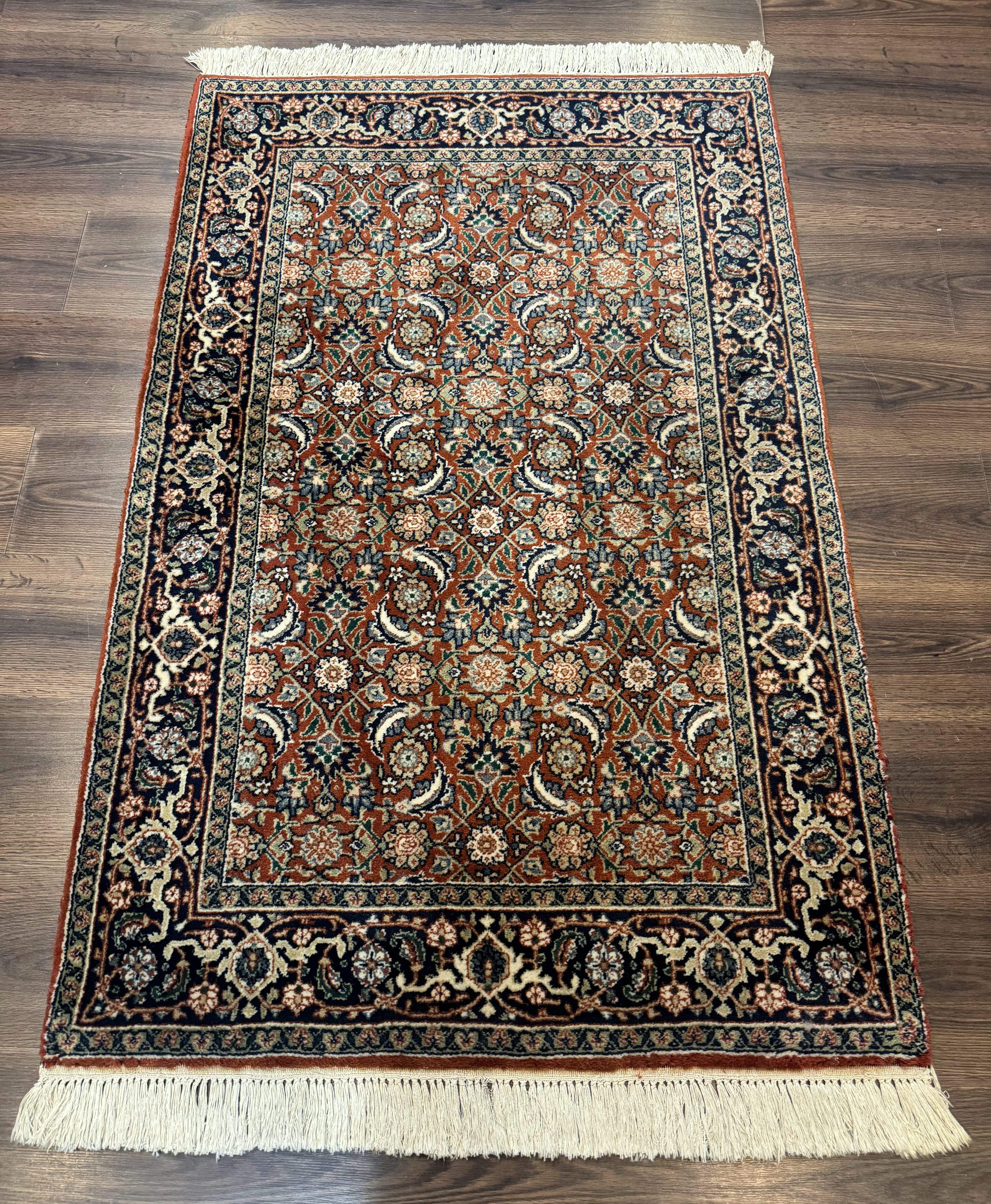 Indo Persian Bijar Rug 3x5, Red and Navy Blue, Allover Pattern, Fine Hand Knotted Wool Carpet
