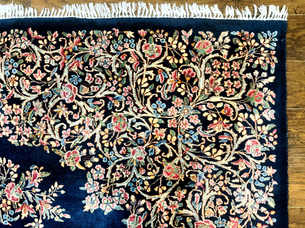 Antique Persian Kerman Rug 10x13, Navy Blue Floral Carpet, Fine 270 KPSI