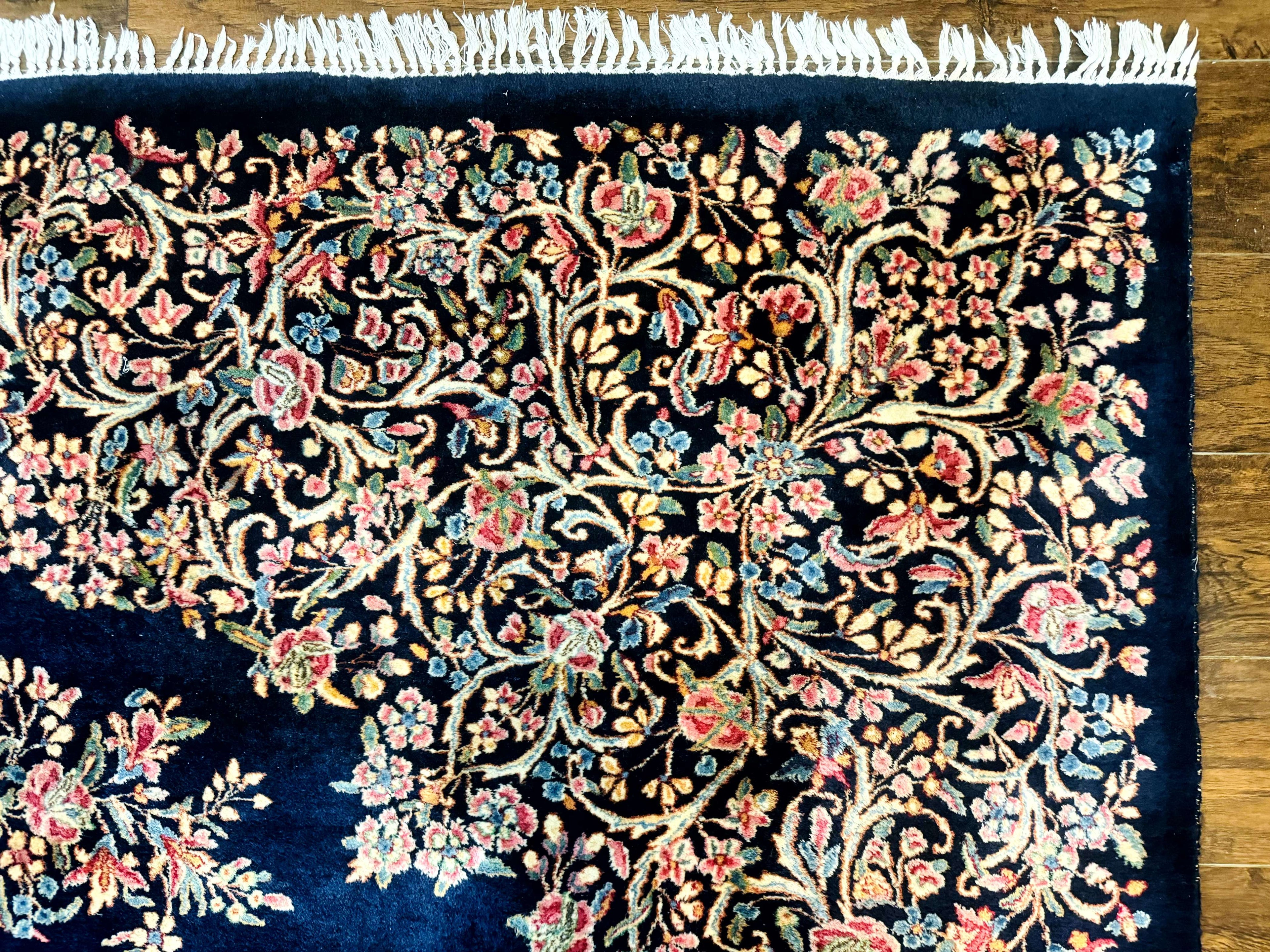 Antique Persian Kerman Rug 10x13, Navy Blue Floral Carpet, Fine 270 KPSI
