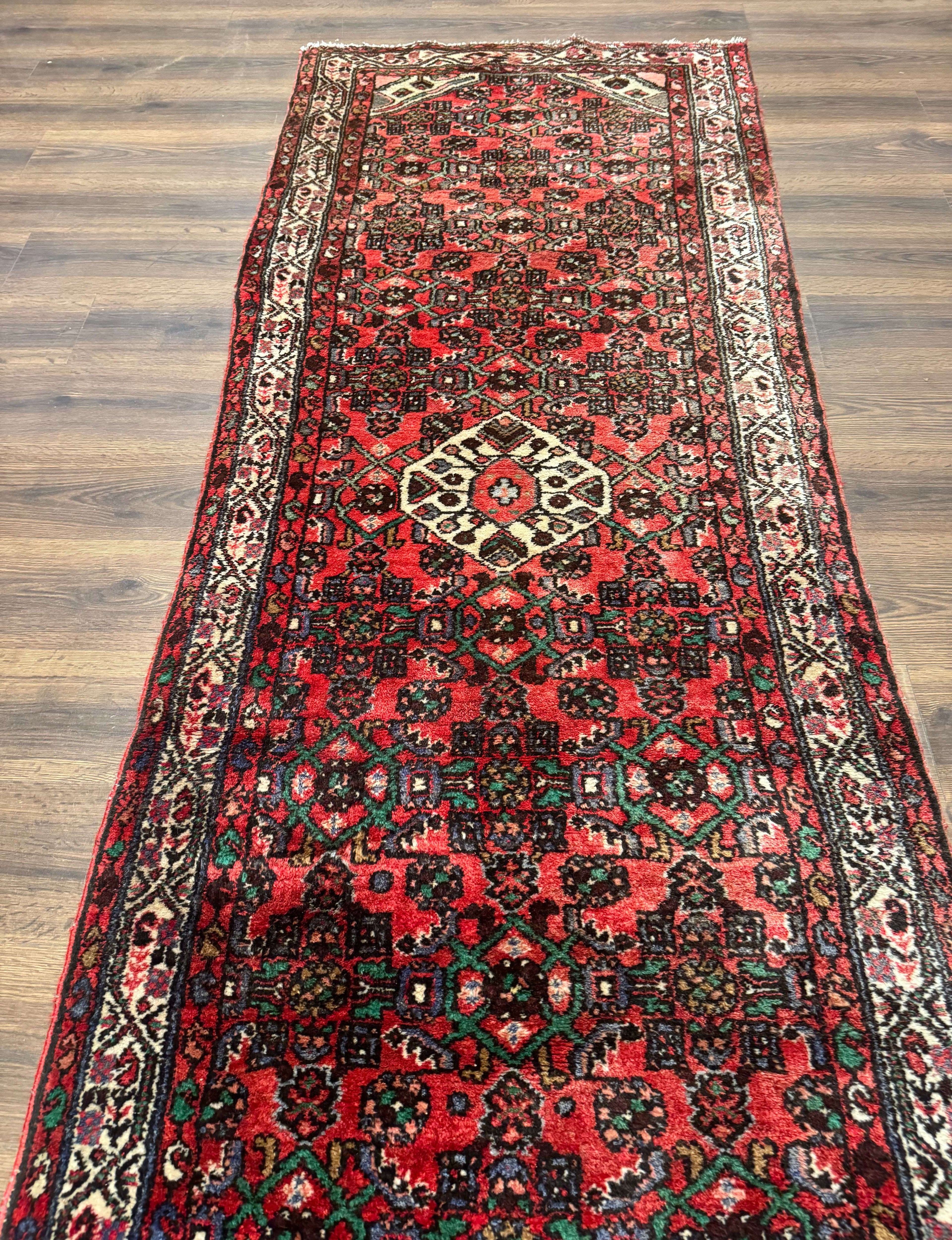 Persian Runner Rug 3x10, Wool Hand Knotted Hallway Rug 3 x 10 ft, Red and Ivory, Hamadan Angelas Runner