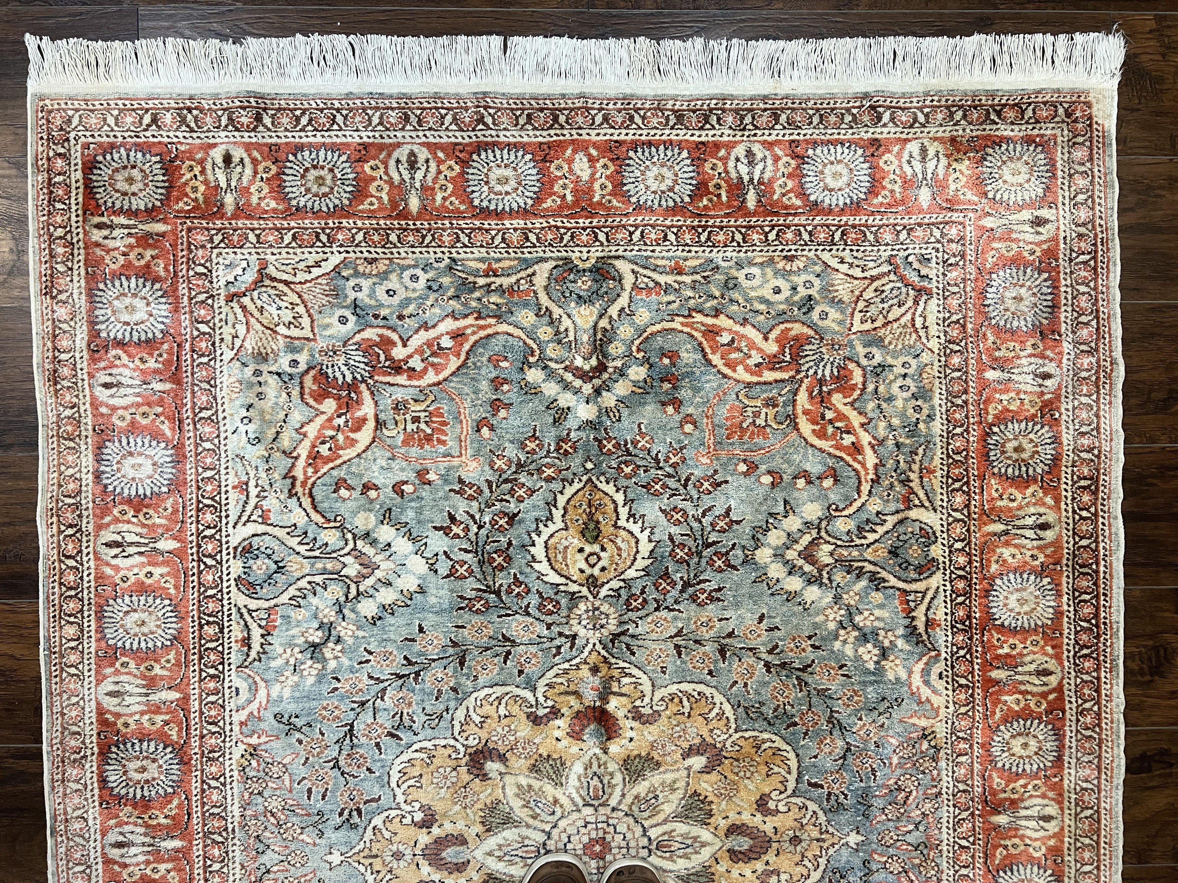 Silk Turkish Rug 5x7, Light Blue Silk Carpet, Floral Medallion, Turkish Kayseri Rug, Vintage Handmade Oriental Rug