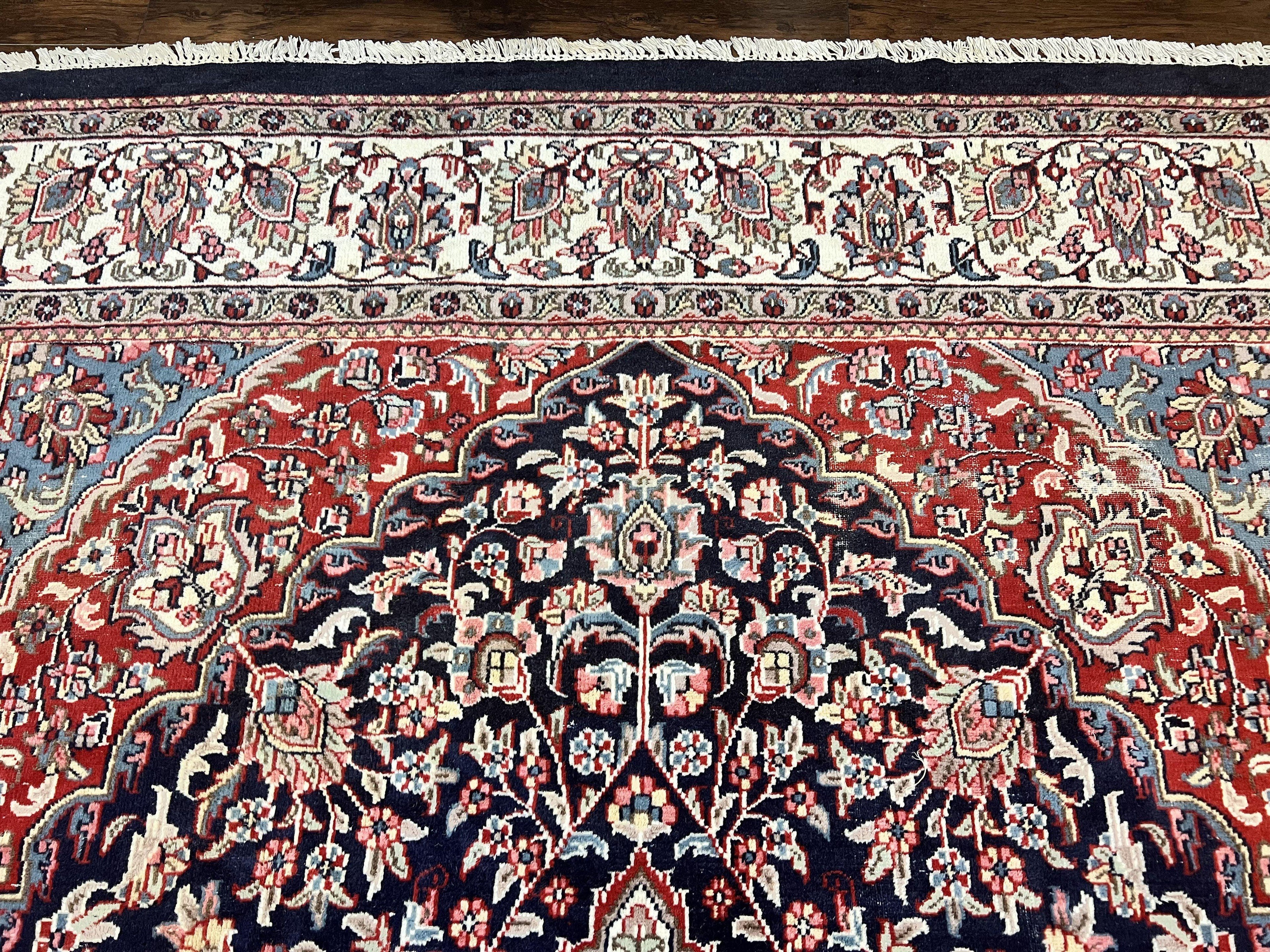 Indo Persian Rug 10x15, Floral Allover, Handmade Vintage Wool Carpet, Dark Blue Ivory Red, Palace Size Traditional Rug