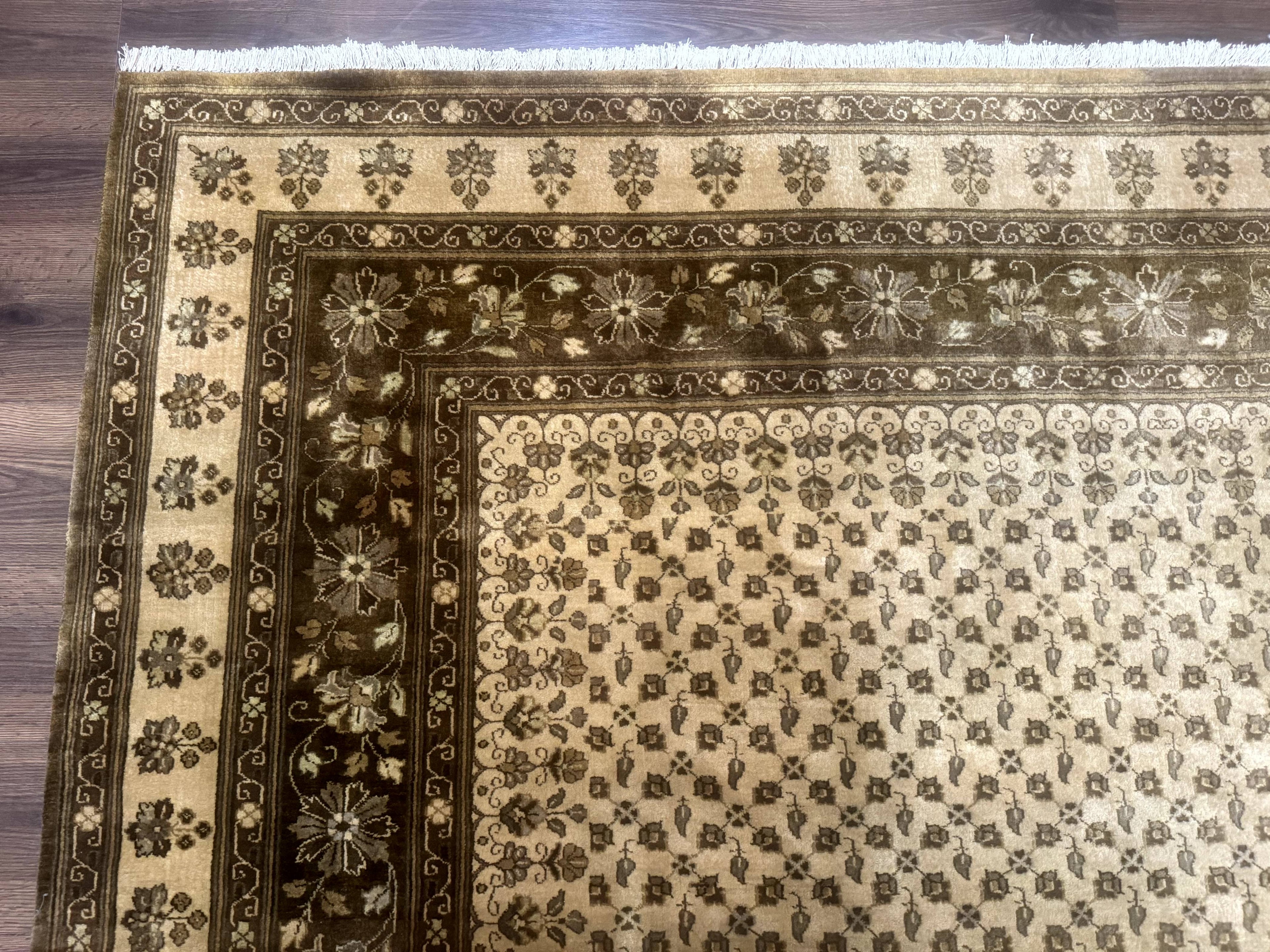 Indo Persian Rug 8x10, Allover Pattern, Beige, Wool Handmade Carpet