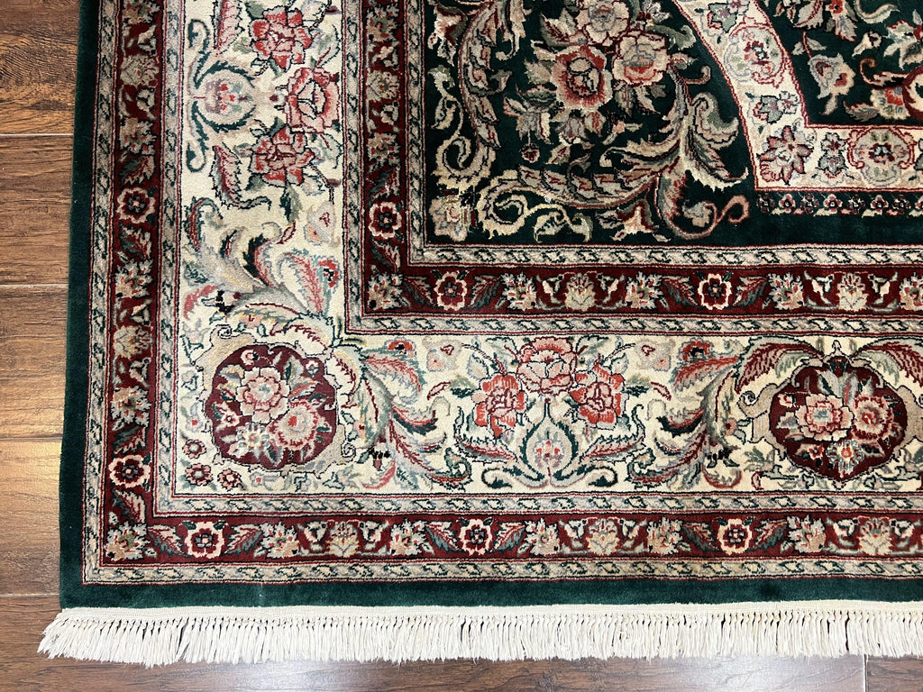 Pak Persian Rug 9x12, Dark Green and Cream, Floral Medallion, Elegant Handmade Wool Carpet 9 x 12