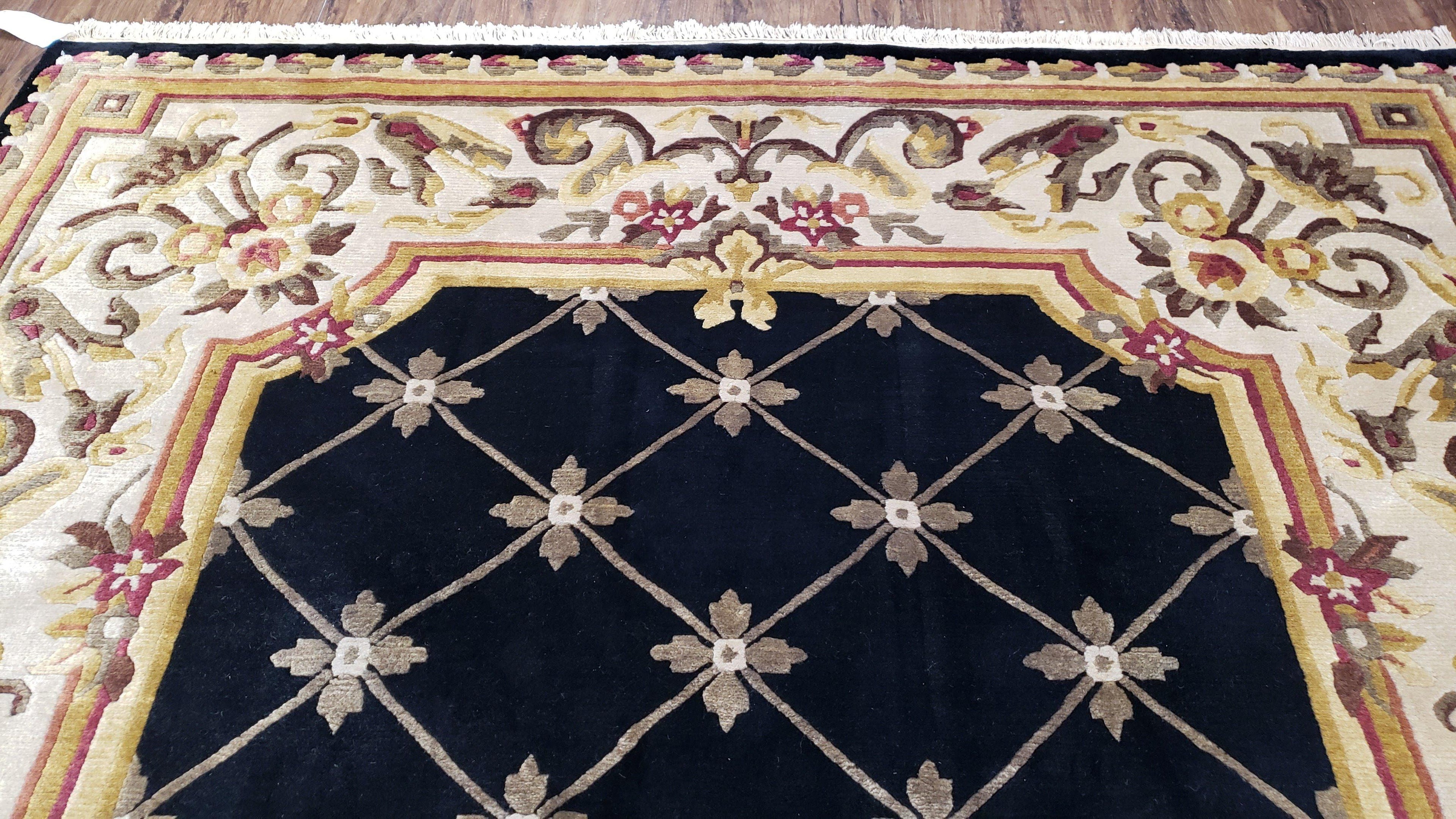 Nepal Rug 6x9, New Aubusson Nepalese Tibetan Carpet 6'1" x 8' 8", Hand-Knotted Wool, Unused, Black & Cream, Savonnerie Pattern, Soft Pile