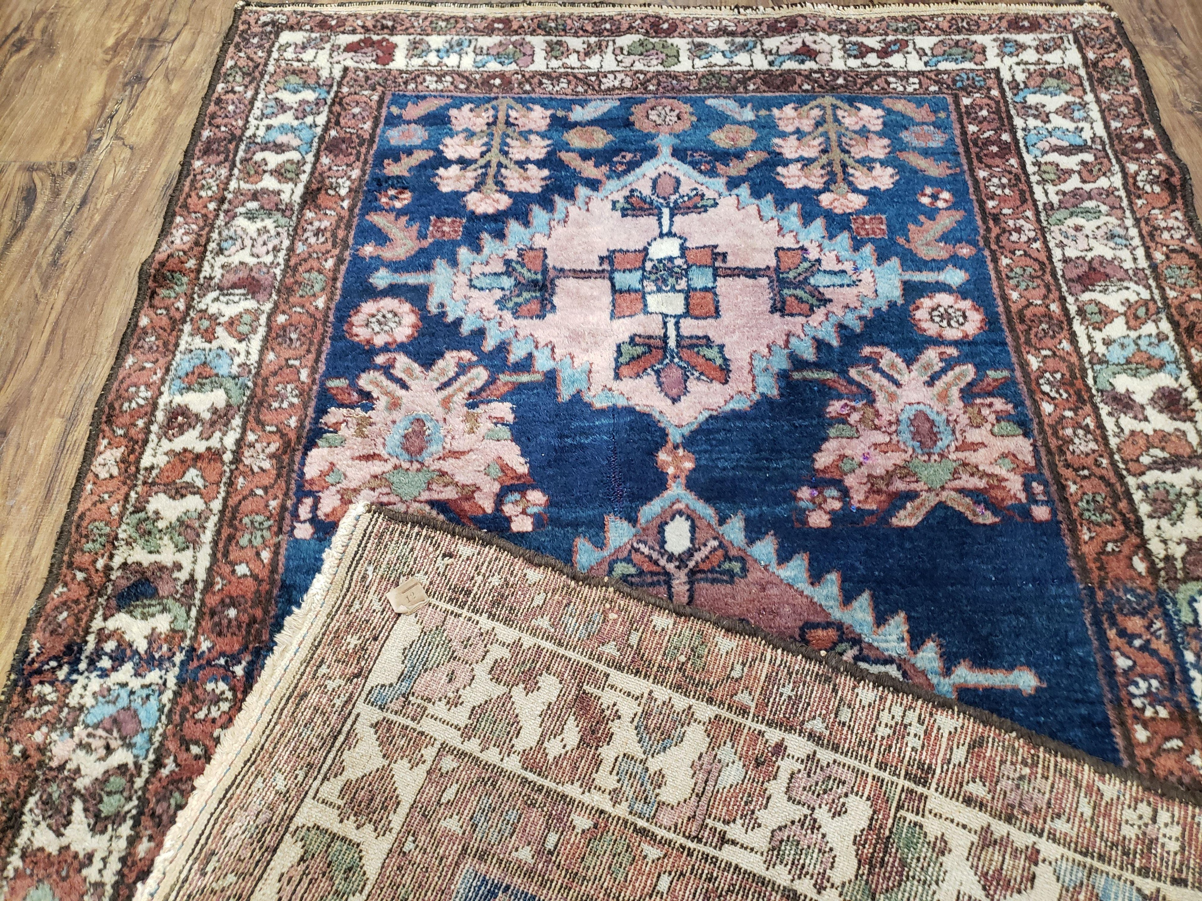 Blue Vintage Persian Hamadan Rug, Wool, Hand-Knotted, 4x6 ft