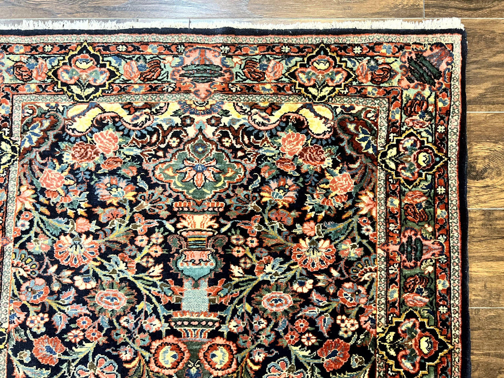 Persian Saoruk Rug 4x5, Navy Blue and Red, Floral, Antique Persian Wool Carpet, Handmade