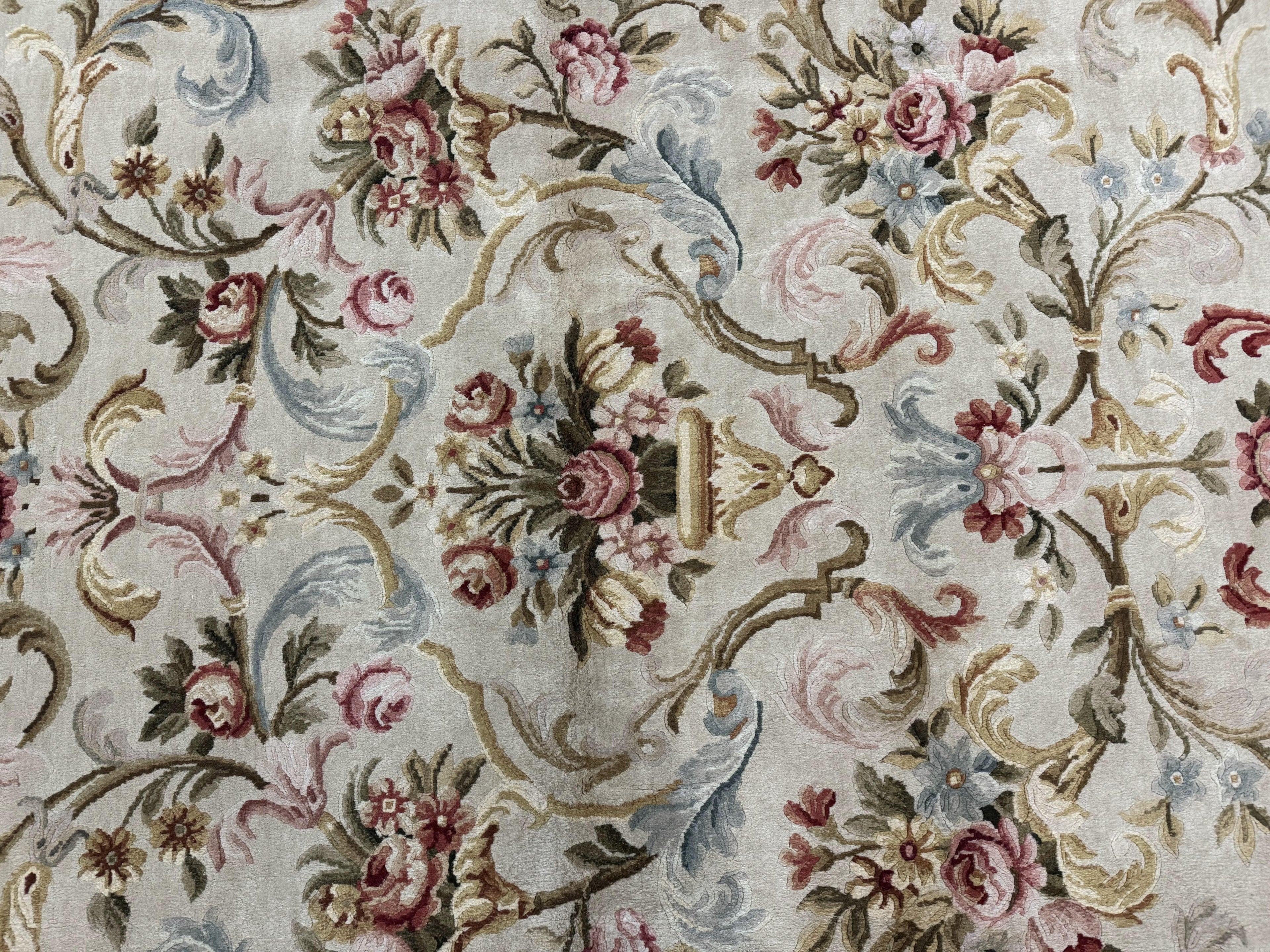 Aubusson Rug 8x10, French European Design, Vintage Handmade Wool Carpet, Aubusson Rug with Pile, Floral