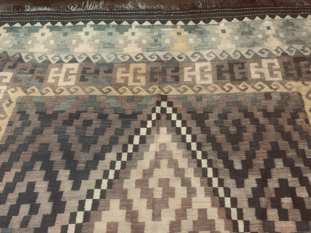 Antique Persian Tribal Kilim Rug 9x12, Zig Zag Pattern Kilim, Zarand Rug, Wool, Earth Tone Colors