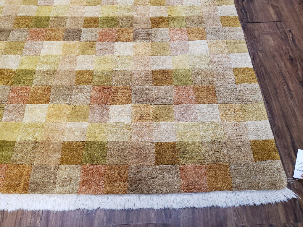 4x6 Tibetan Rug, Modern Abstract Handmade Area Rug, Checkerboard Pattern, Neutral Ivory Gold Tan Colors, Soft Pile, Mid Sized Rug, Nepali