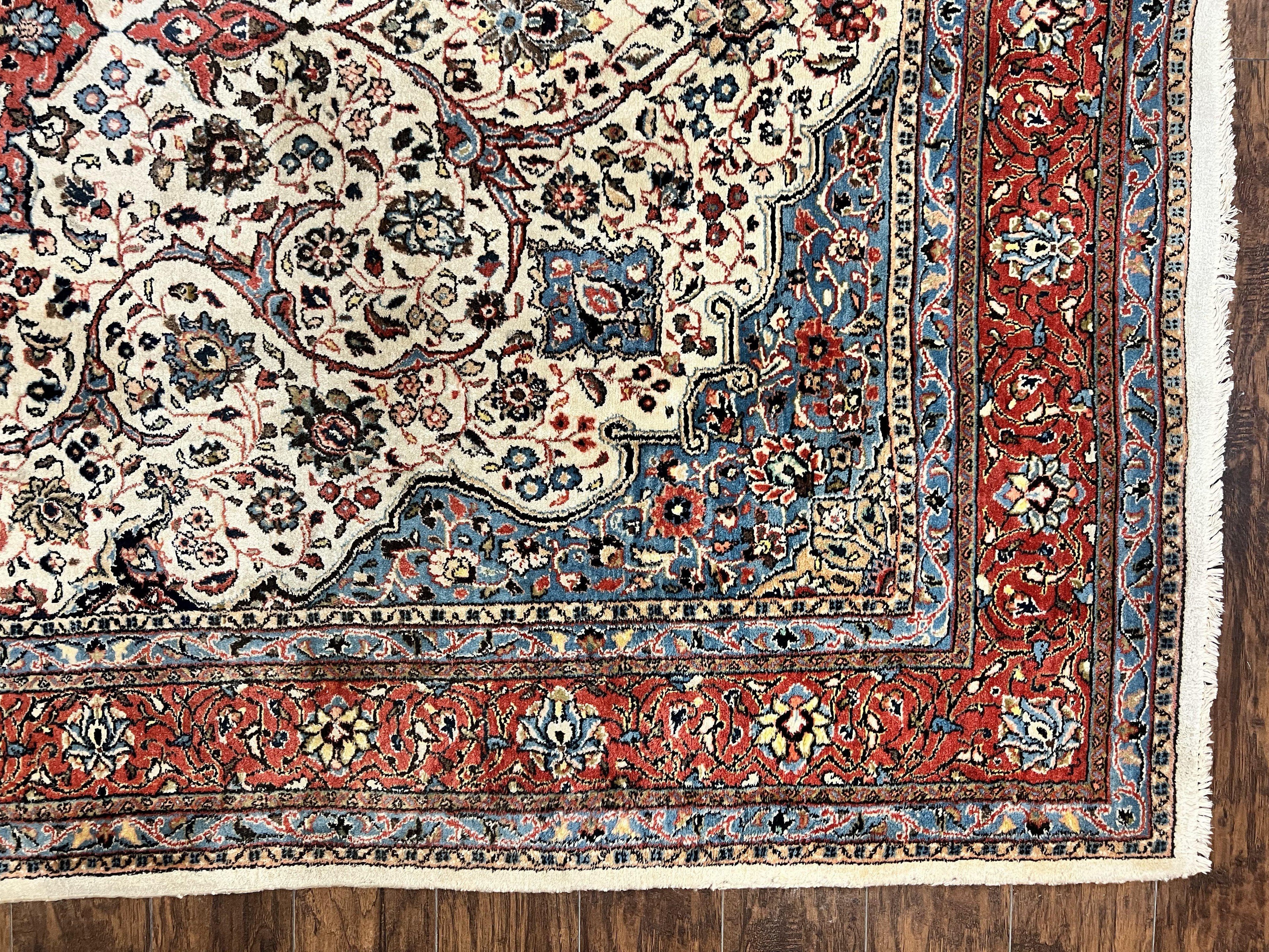 Persian Sarouk Rug 8x12, Wool Hand Knotted Antique Carpet, Floral Medallion, Cream Red, Traditional Oriental Rug