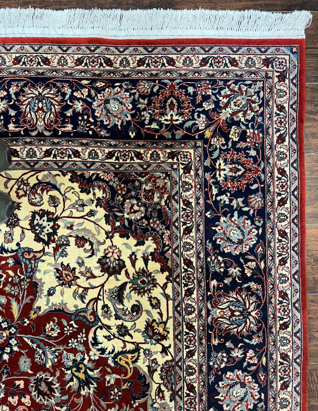 Fine Sino Persian Rug 7x10 ft, Floral Central Medallion Oriental Carpet, Red Navy Blue Cream, Hand Knotted Wool Traditional Vintage Rug