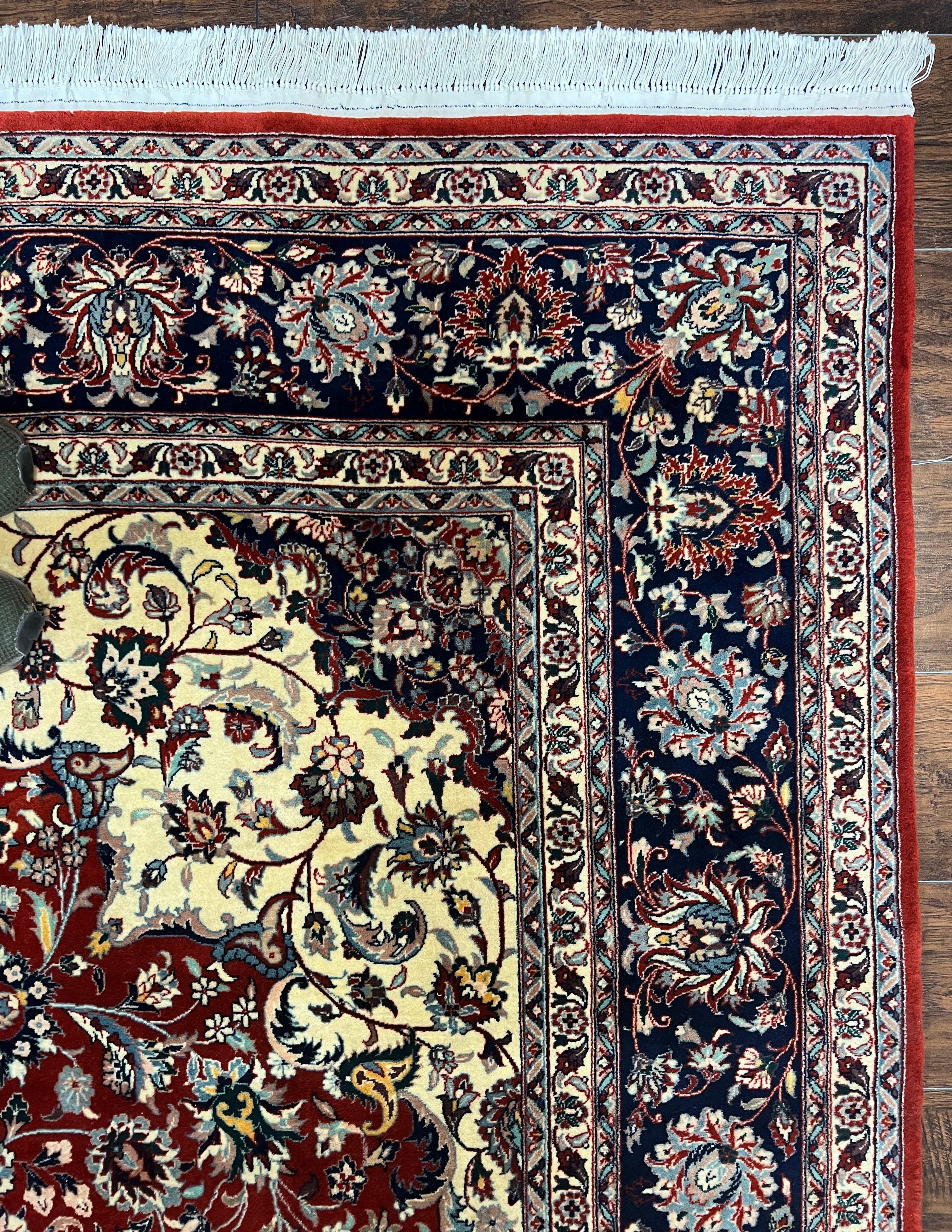 Fine Sino Persian Rug 7x10 ft, Floral Central Medallion Oriental Carpet, Red Navy Blue Cream, Hand Knotted Wool Traditional Vintage Rug