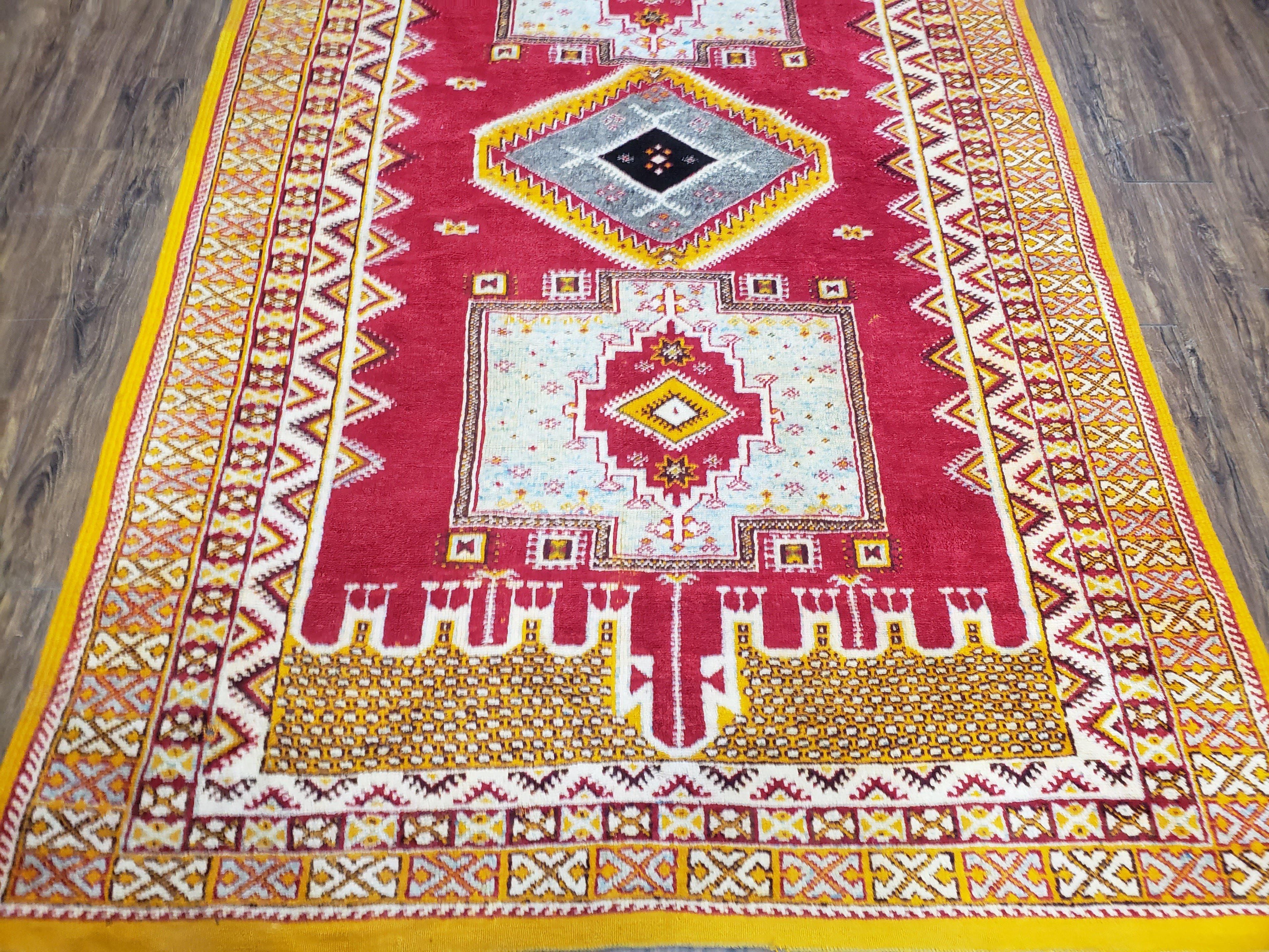 Vintage Moroccan Rug 6x10, Red and Yellow Moroccan Carpet, Handmade Bohemian Tribal Area Rug, Hand-Knotted 1970s Wool Rug, Medalions