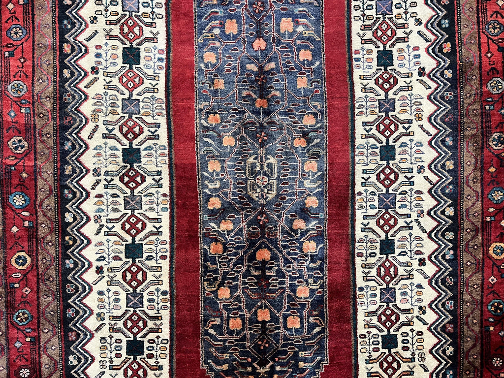 Persian Rug 5x12 ft, Red Cream Navy Blue, Pictorials, Hand Knotted Handmade Wide Runner Tribal Bidjar Semi Antique Wool Geometric Oriental Rug