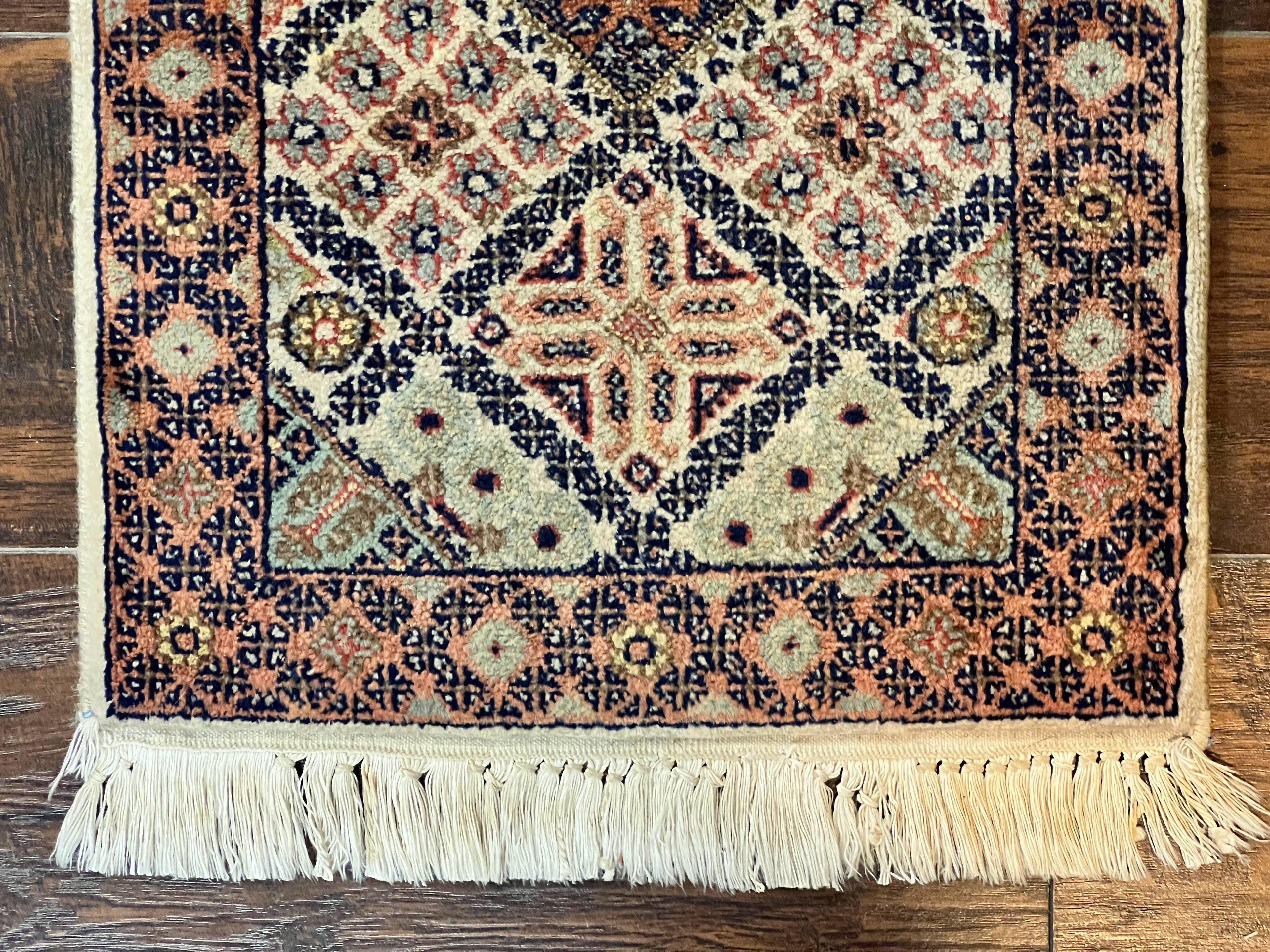 Small Indo Persian Rug 1.5 x 2, Hand Knotted Oriental Carpet, Wool Vintage Handmade, Cream Multicolor, Panel Design