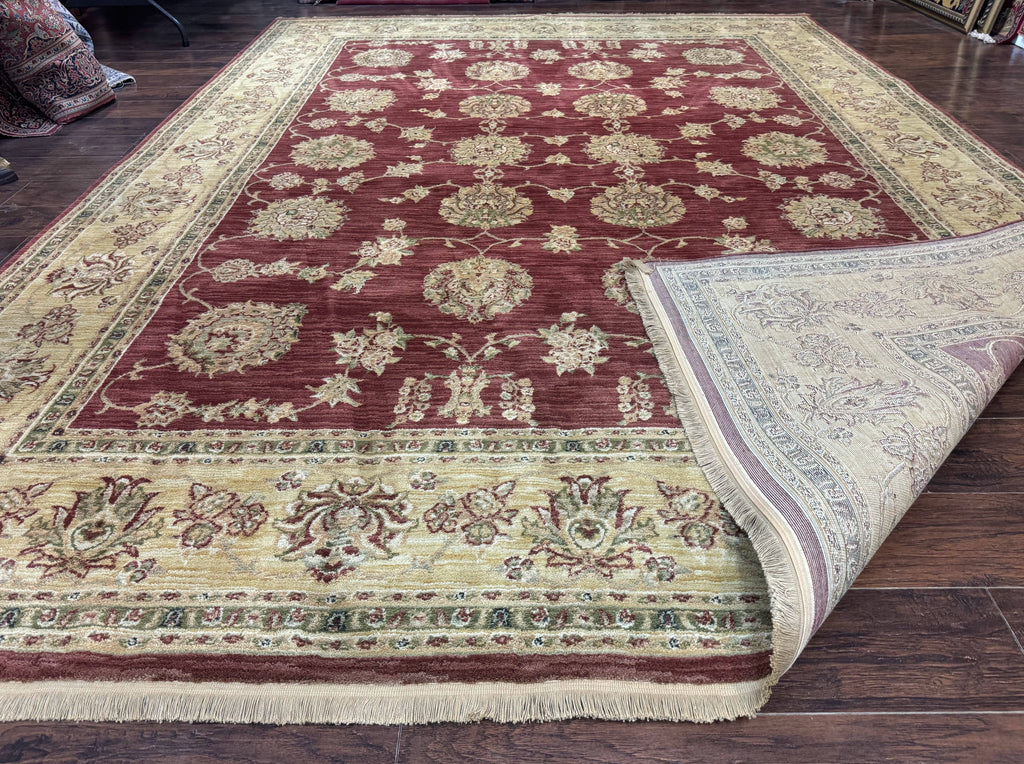 Traditional Wool Oriental Rug 9x13, Large Power Loomed Carpet, Burgundy