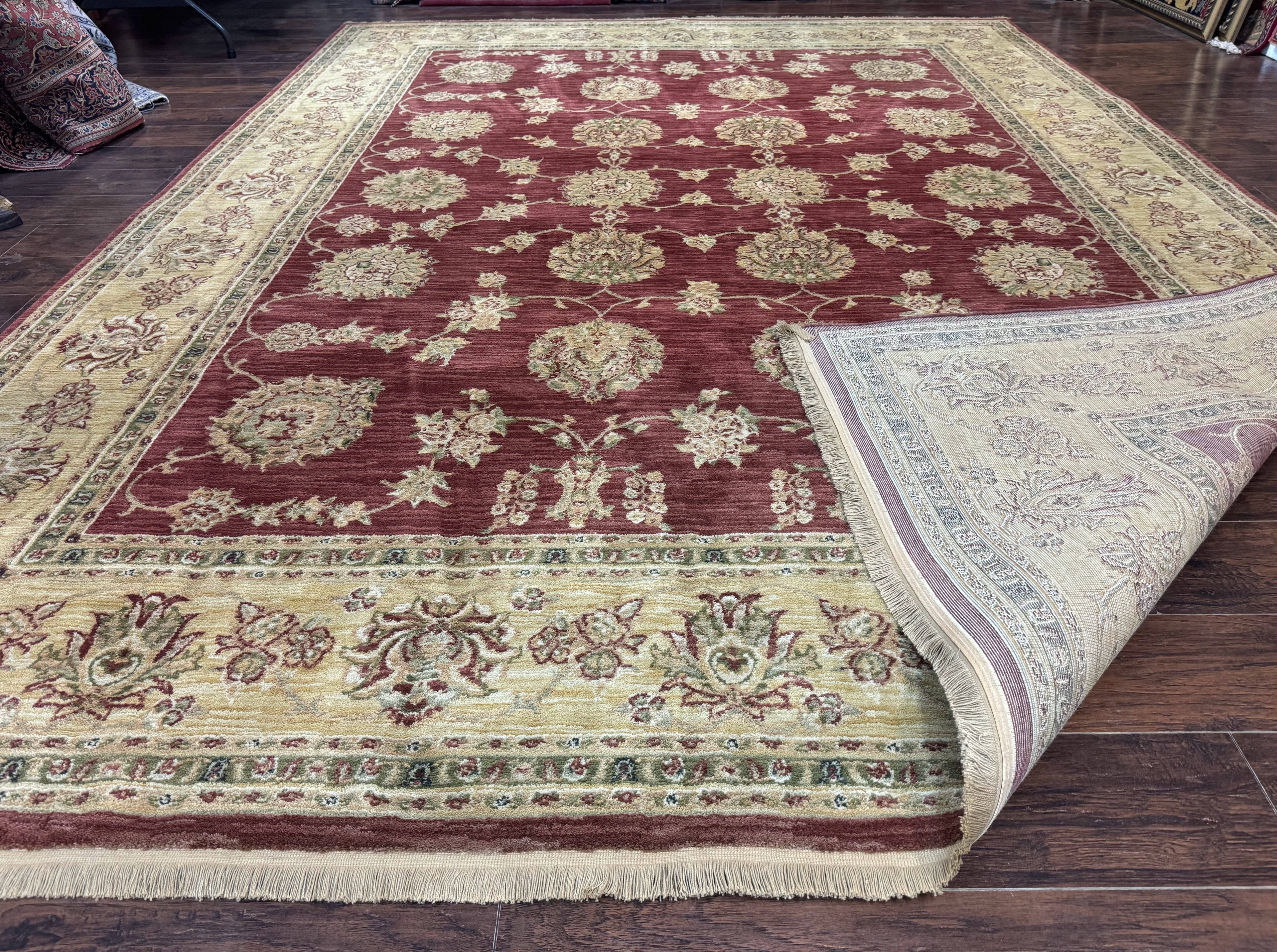 Traditional Wool Oriental Rug 9x13, Large Power Loomed Carpet, Burgundy