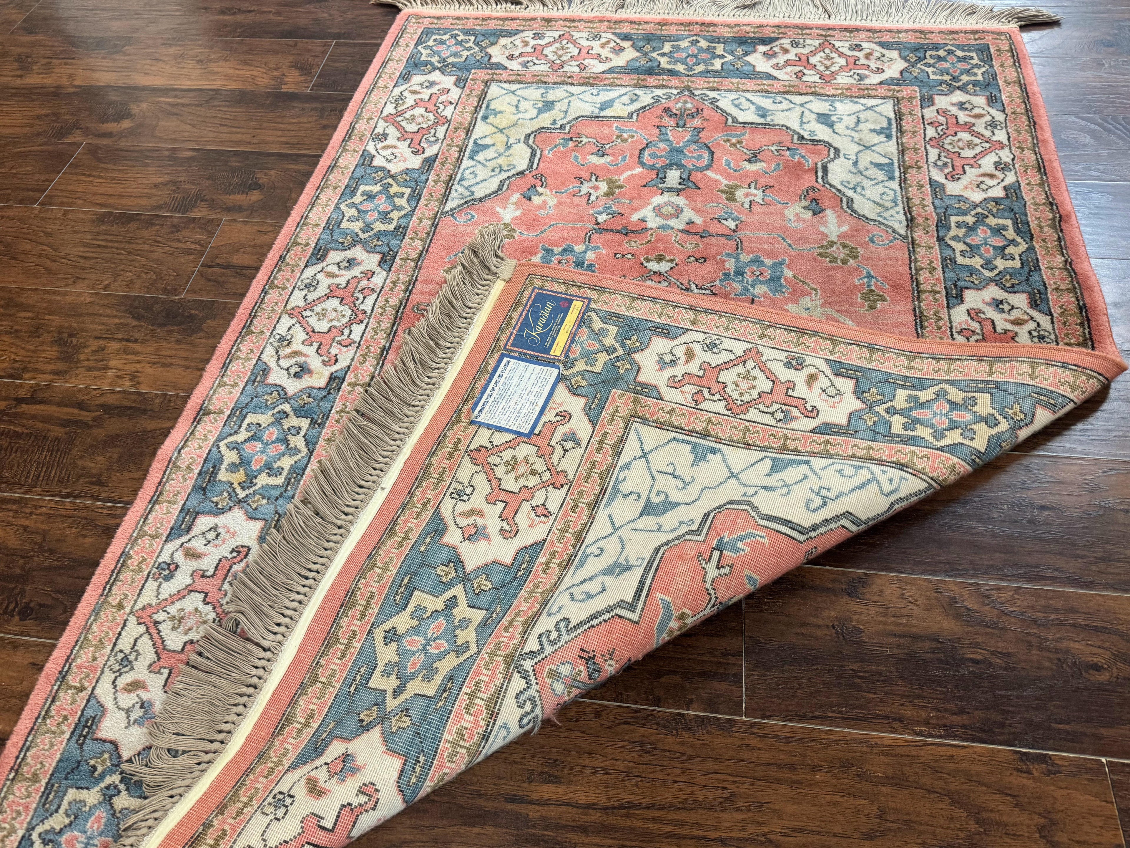 Karastan Rug 4x6 Bergama Design #737, Karastan Area Rug, Vintage Wool Karastan Carpet, Original Collection 700 Series, Salmon Red Light Blue