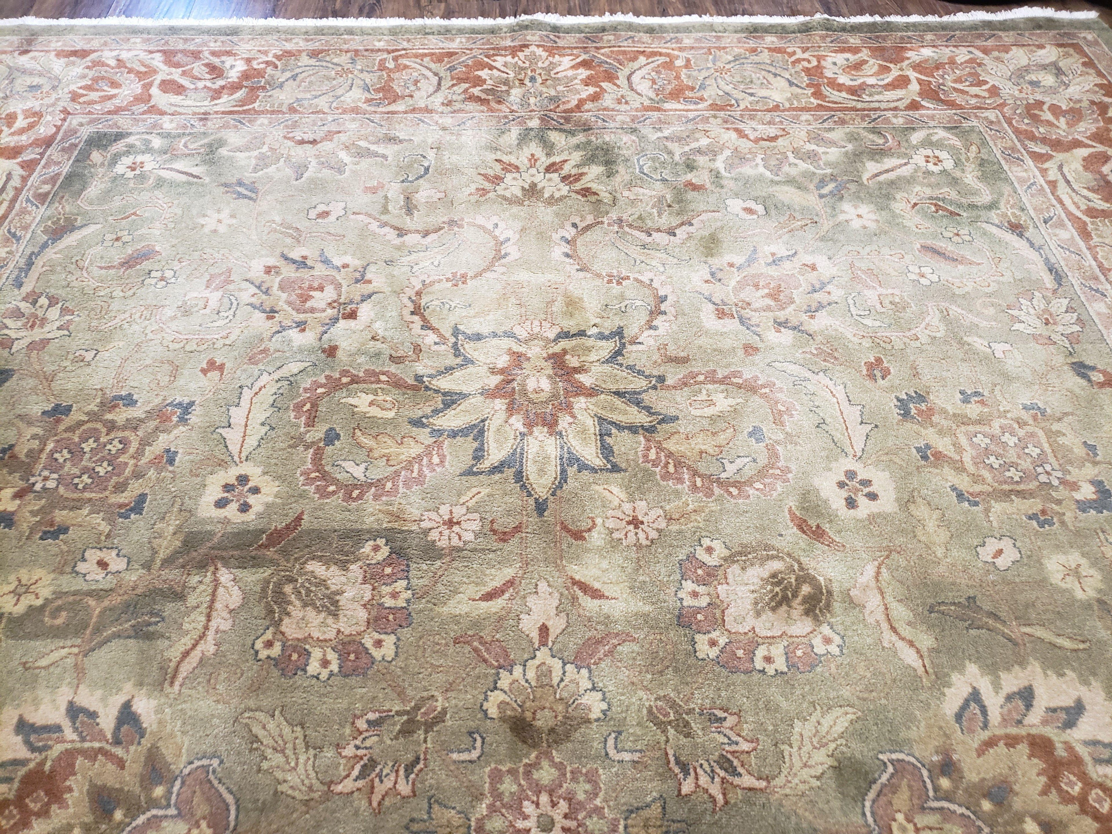 Green Indo Mahal Area Rug 9x12, Wool Hand-Knotted Carpet