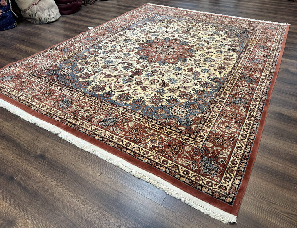 Persian Rug 8x10, Sino Persian Floral Medallion Carpet, Traditional Wool Area Rug, Cream and Brick Red, Fine 210 KPSI